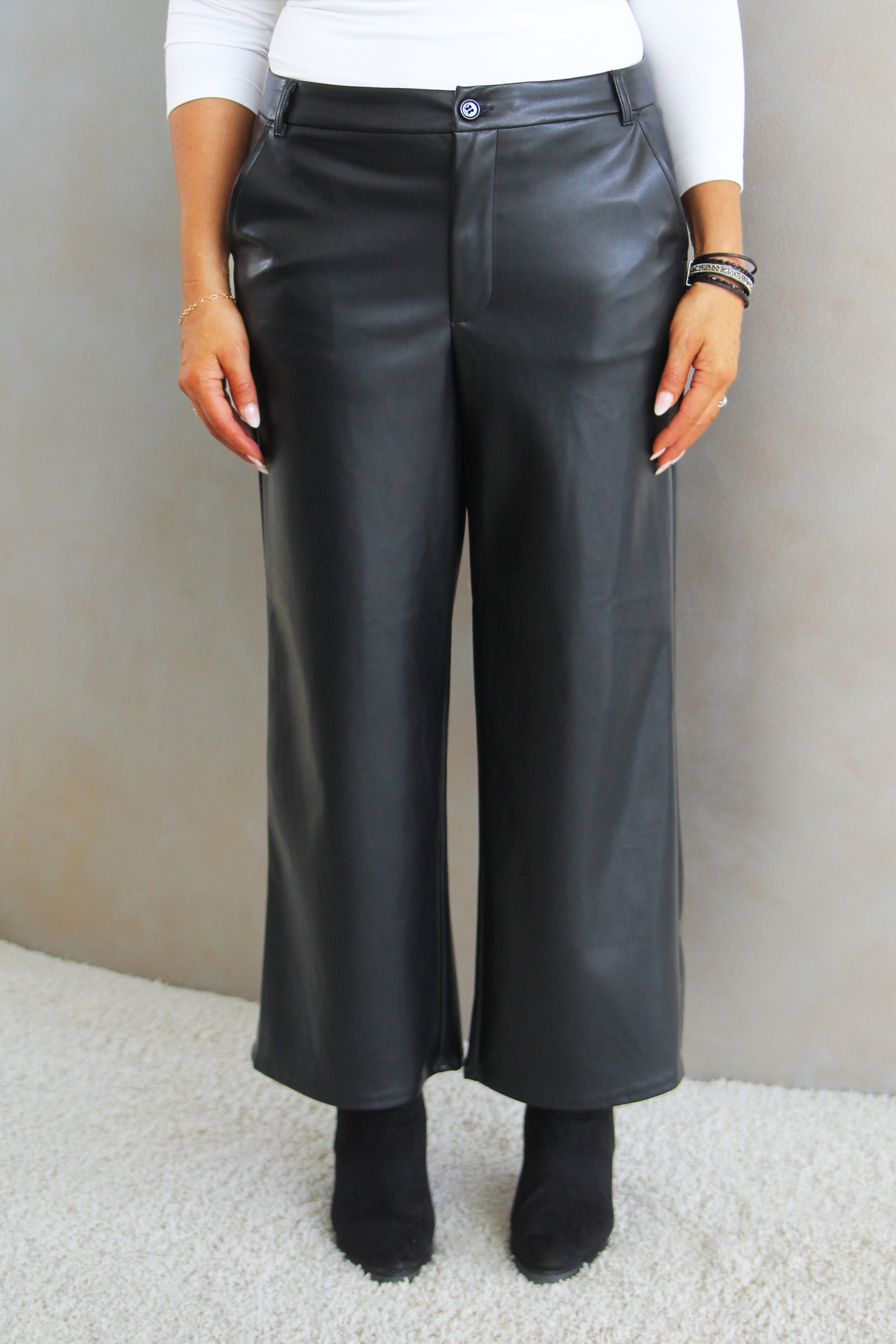 Faux Leather Wide Leg Cropped Pants