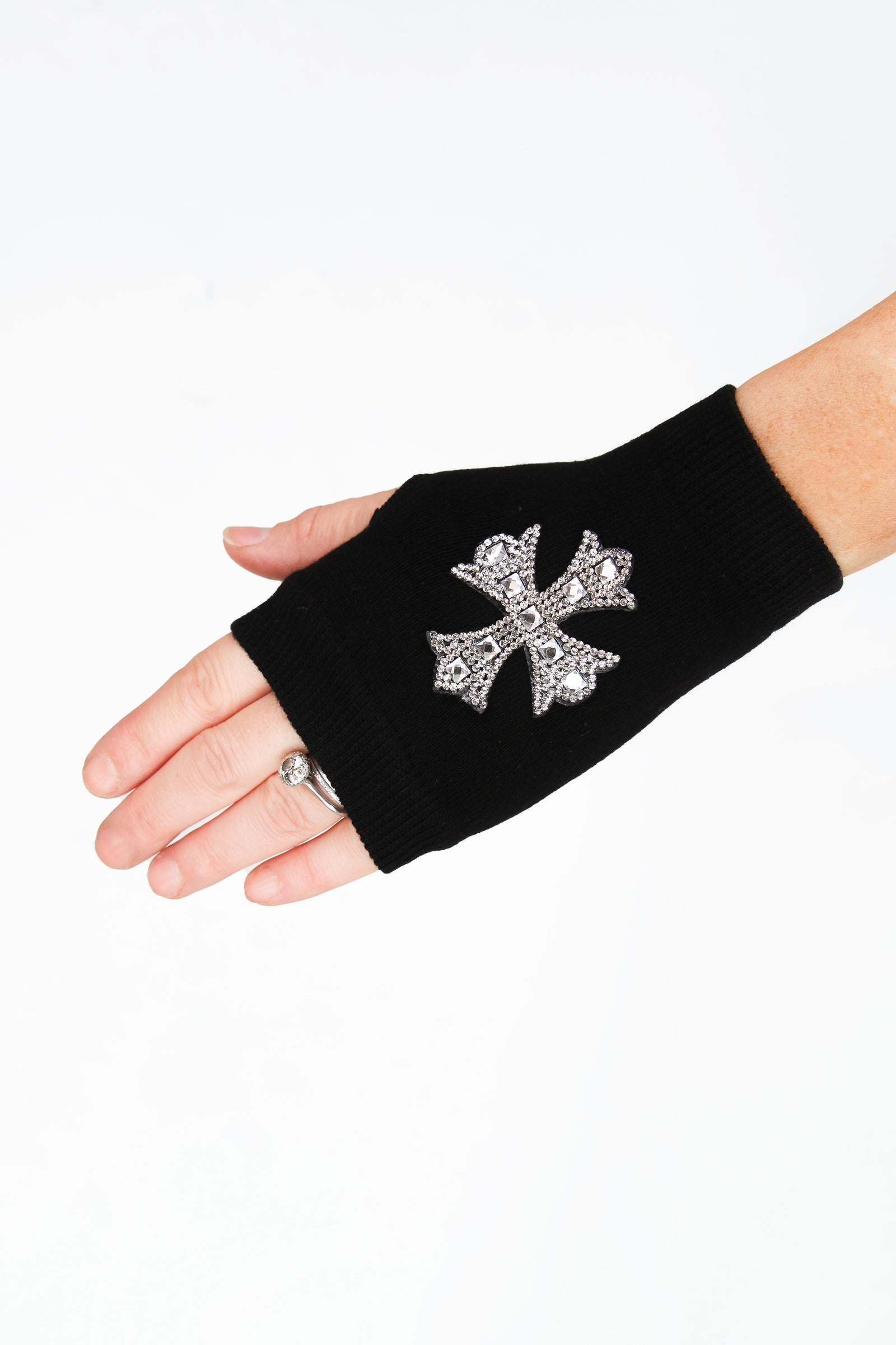 Rhinestone Cross Fingerless Gloves
