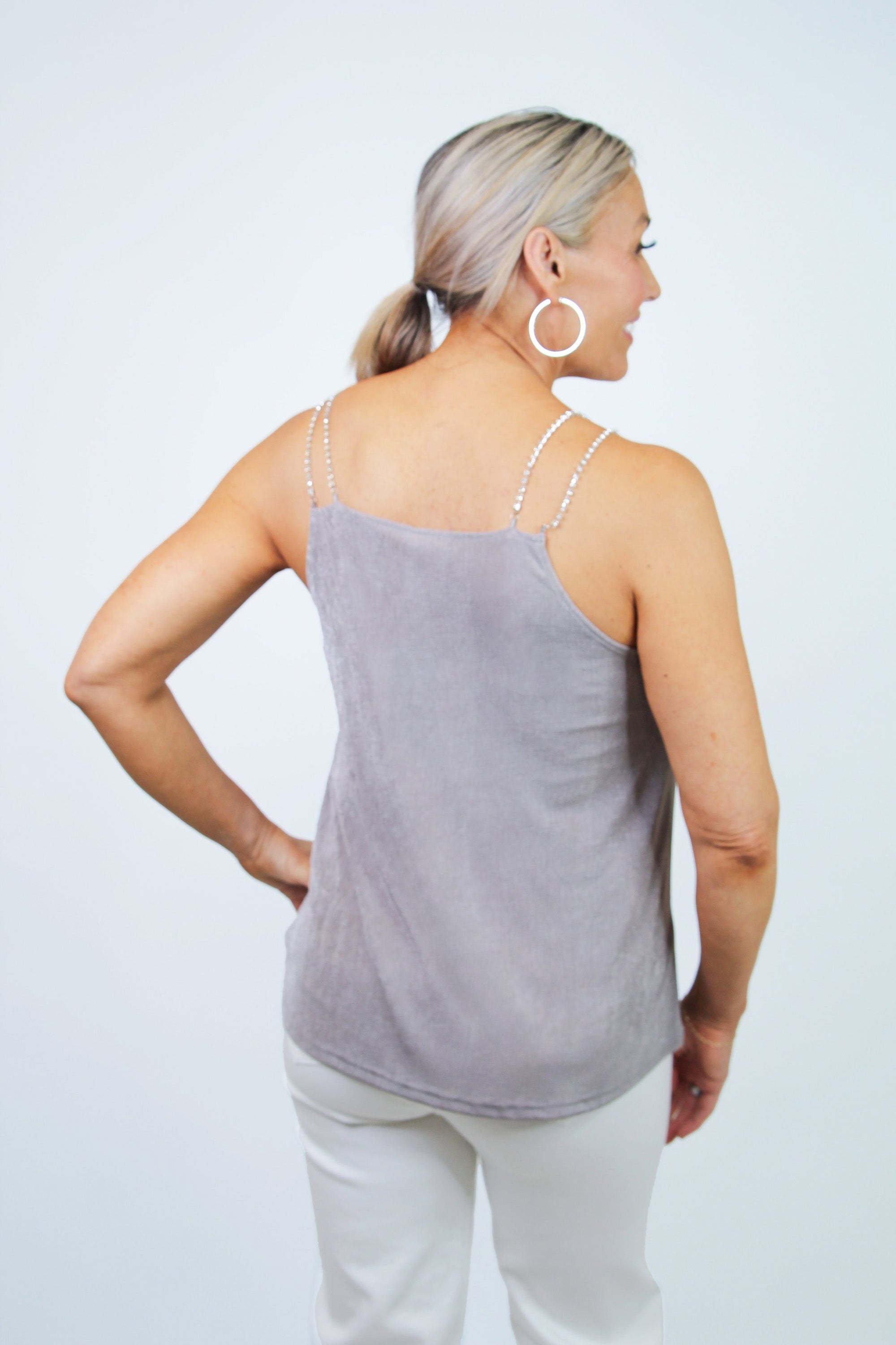 Slinky Knit Sleeveless Top w/ Rhinestone Straps & Front Detail (SALE)