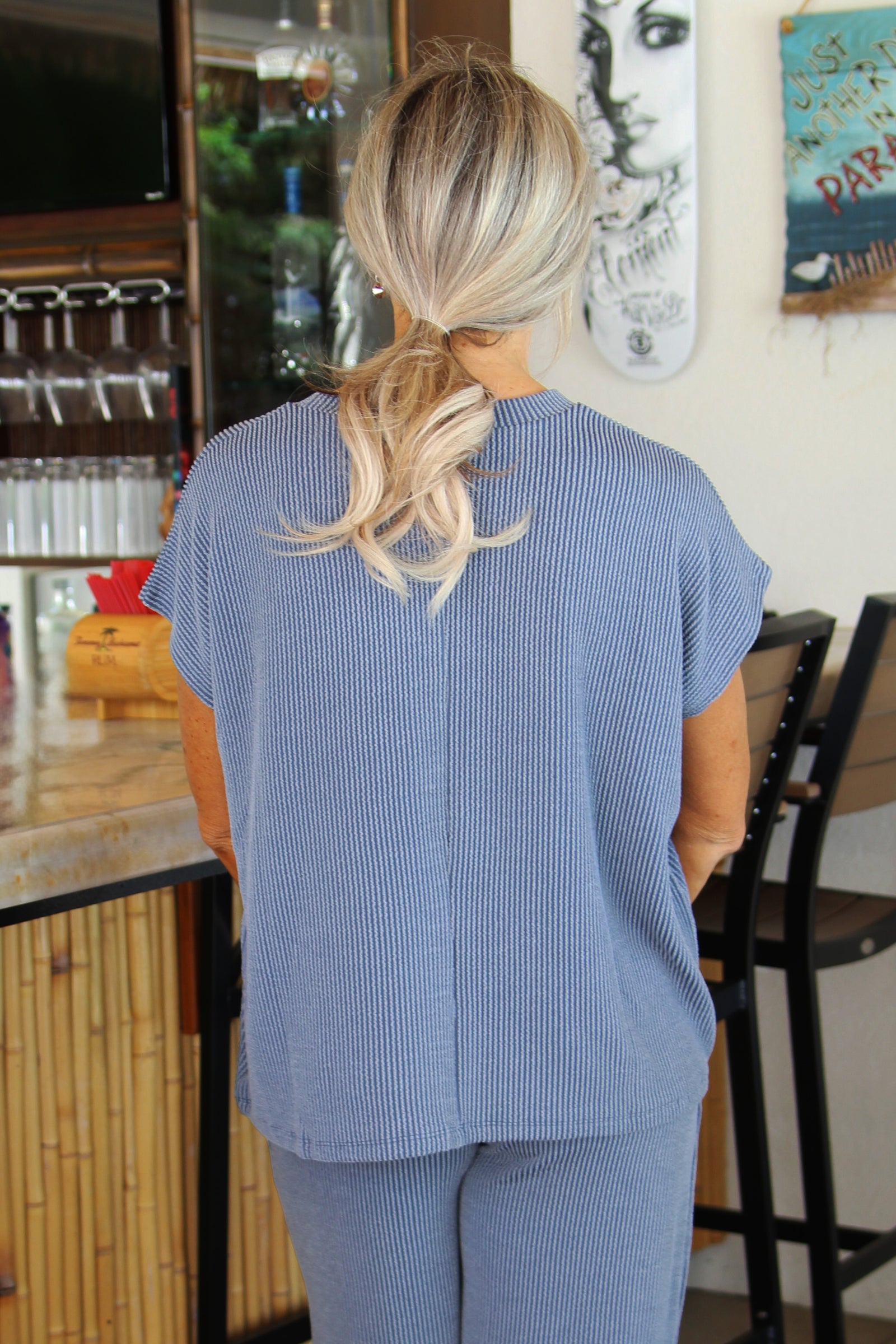 Ribbed Knit Short Sleeve Top & Wide Leg Pants Set