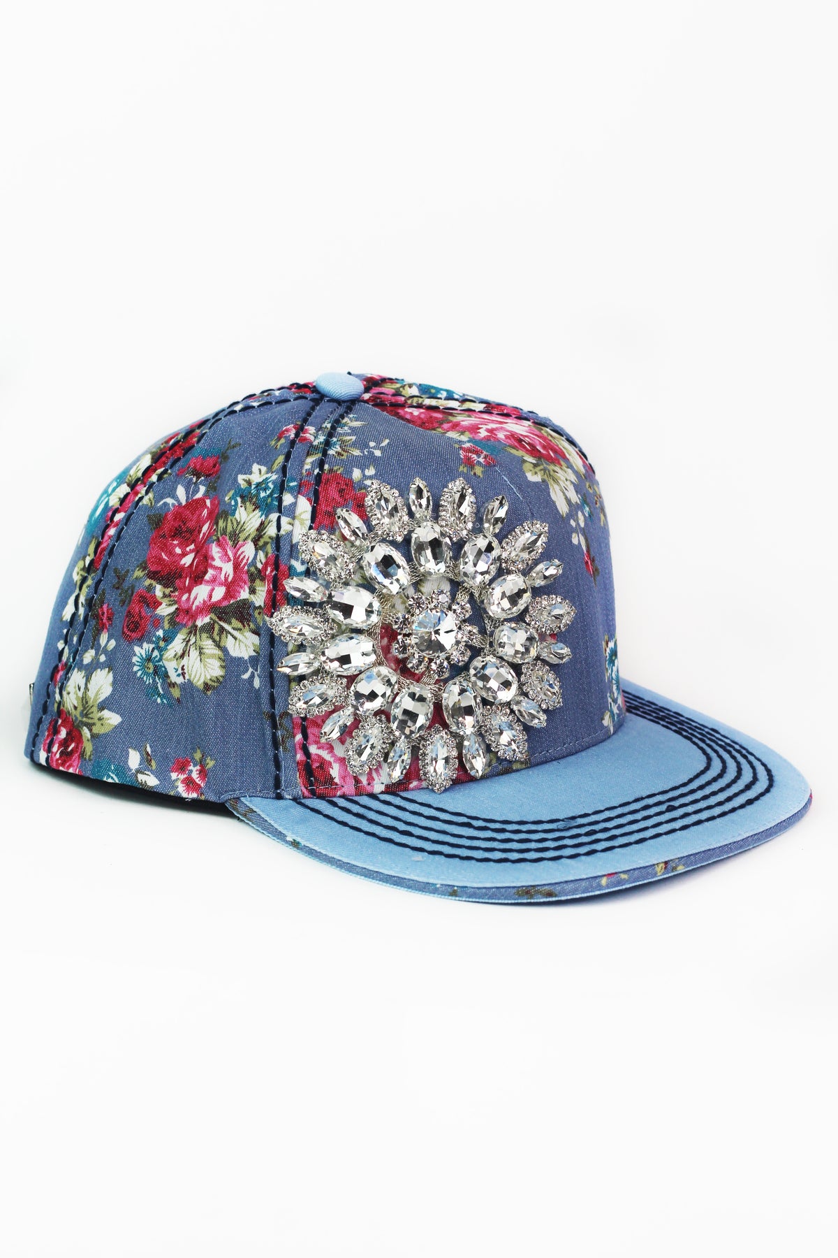 XL-Bejeweled Sunflower Floral Denim Baseball Hat