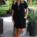 Short Sleeve Polo Dress w/ Denim Trim & Pockets