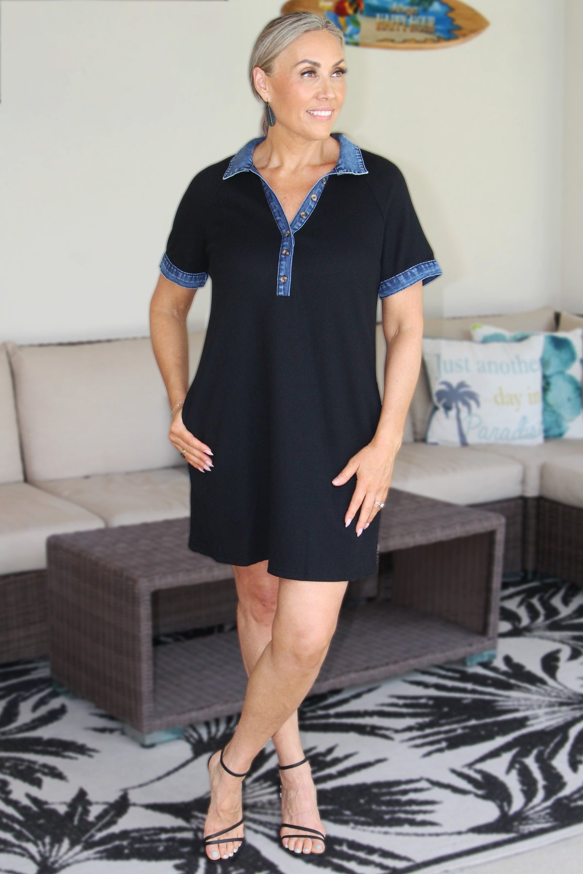 Short Sleeve Polo Dress w/ Denim Trim & Pockets