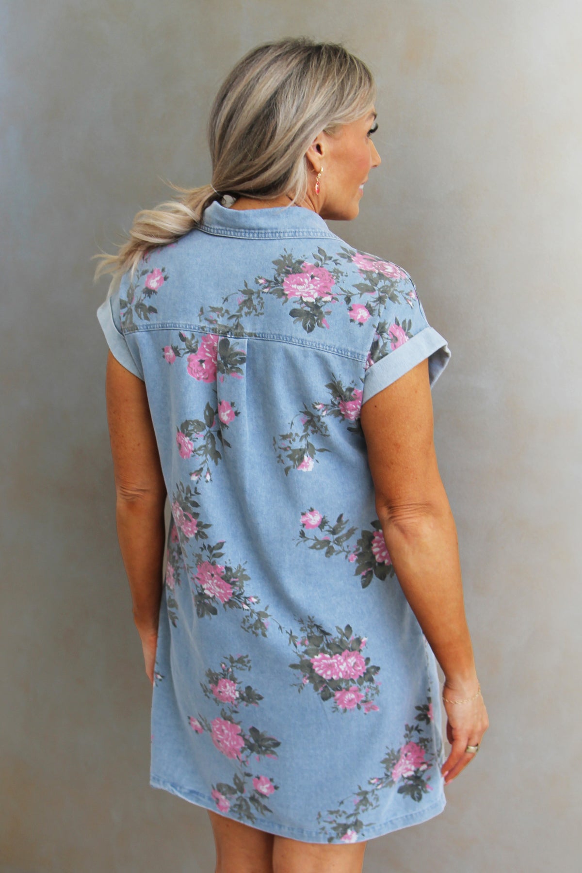 Short Sleeve Button Down Floral Denim Dress
