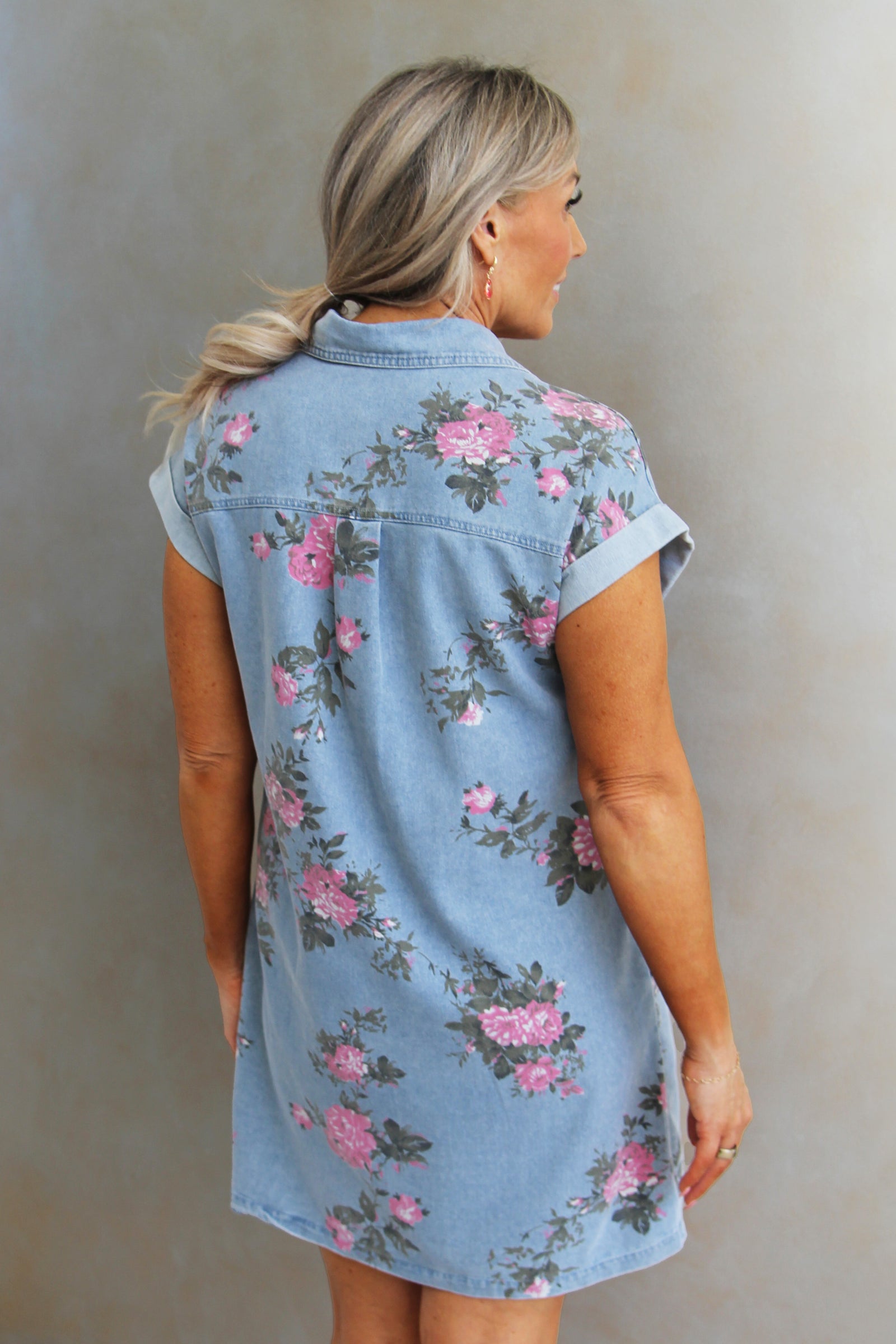 Short Sleeve Button Down Floral Denim Dress