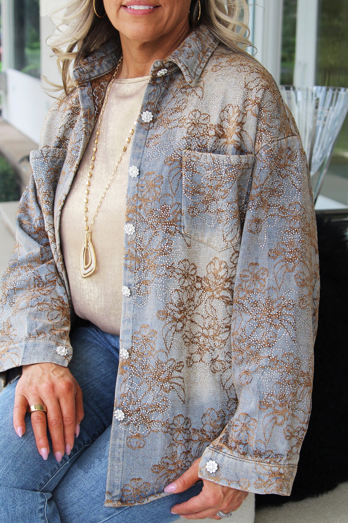 Floral & Rhinestone Denim Shacket