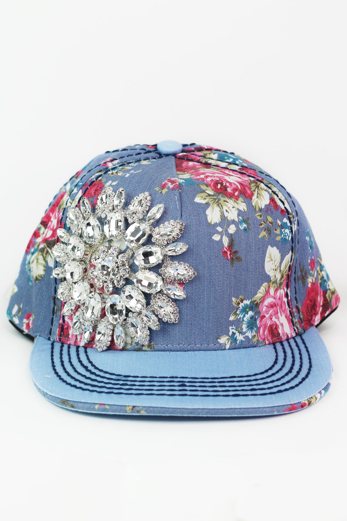 XL-Bejeweled Sunflower Floral Denim Baseball Hat