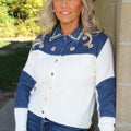 Button Down Sweater w/ Denim Patches & Stone Trim