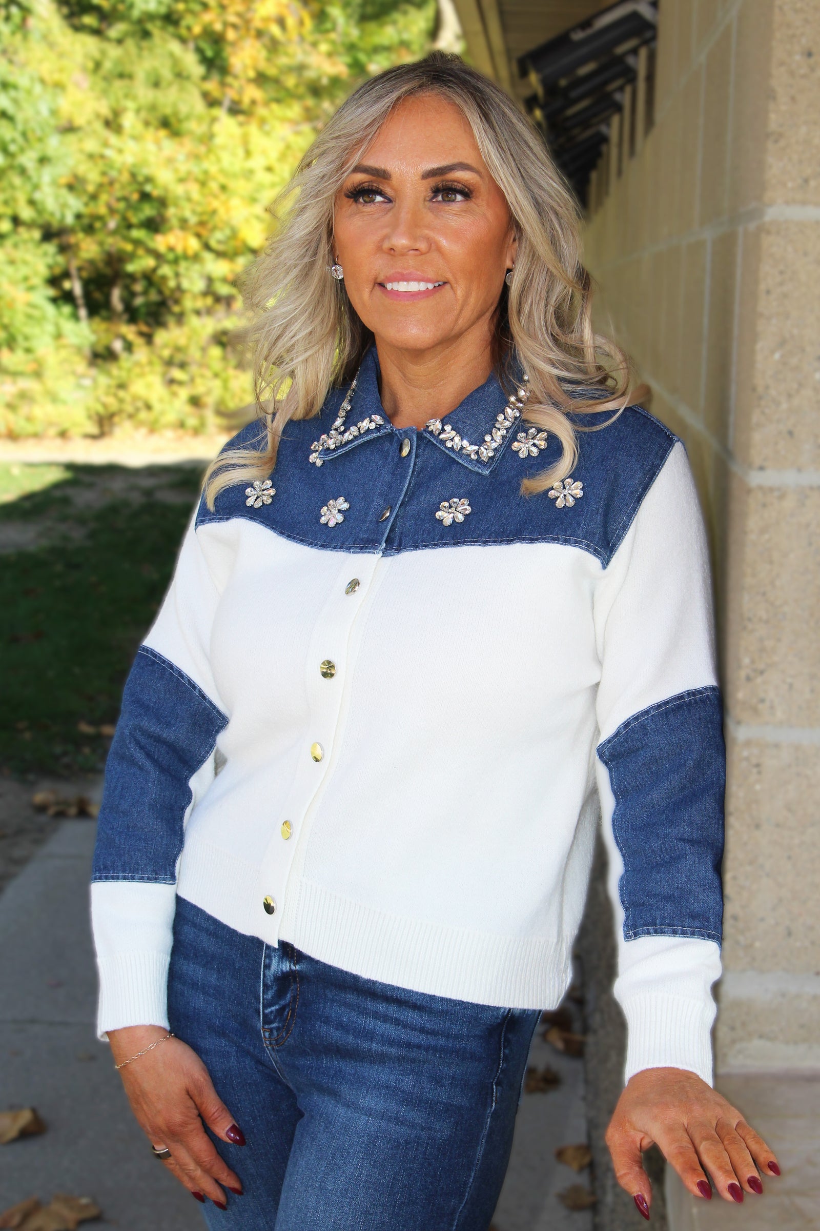 Button Down Sweater w/ Denim Patches & Stone Trim