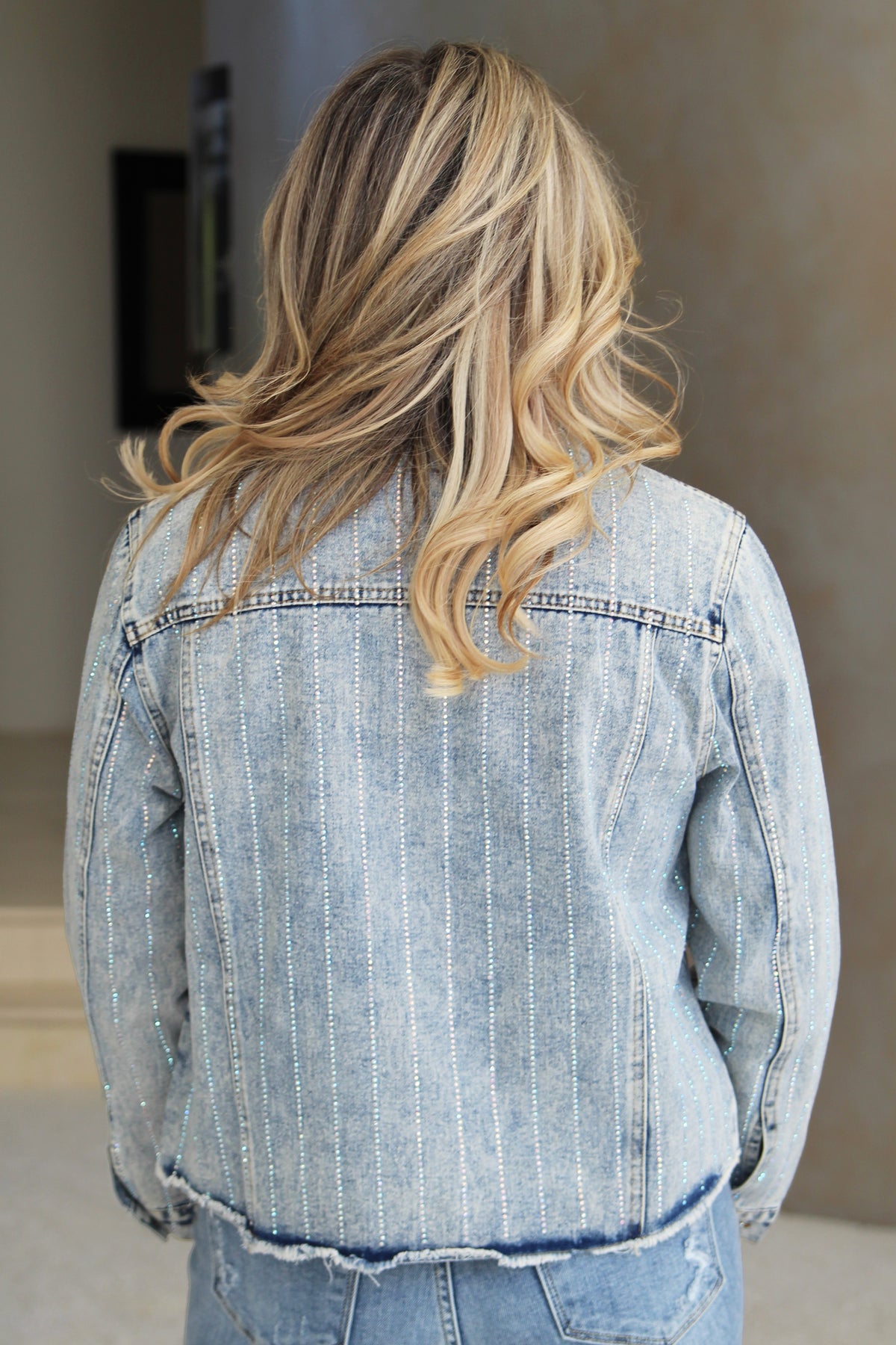 Denim Jacket w/ Rhinestone Stripe Detail