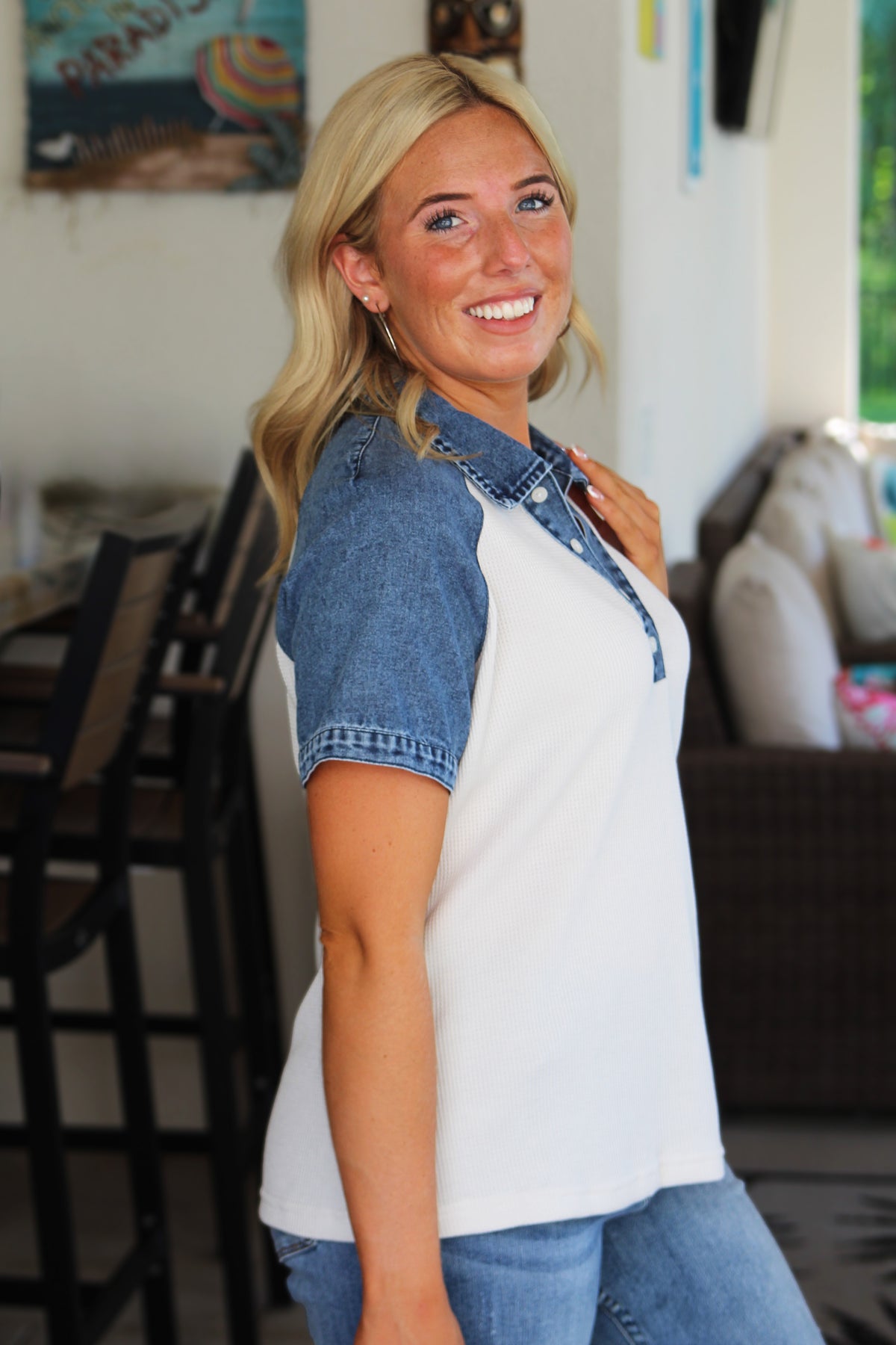 Short Sleeve Polo Top w/ Denim Trim