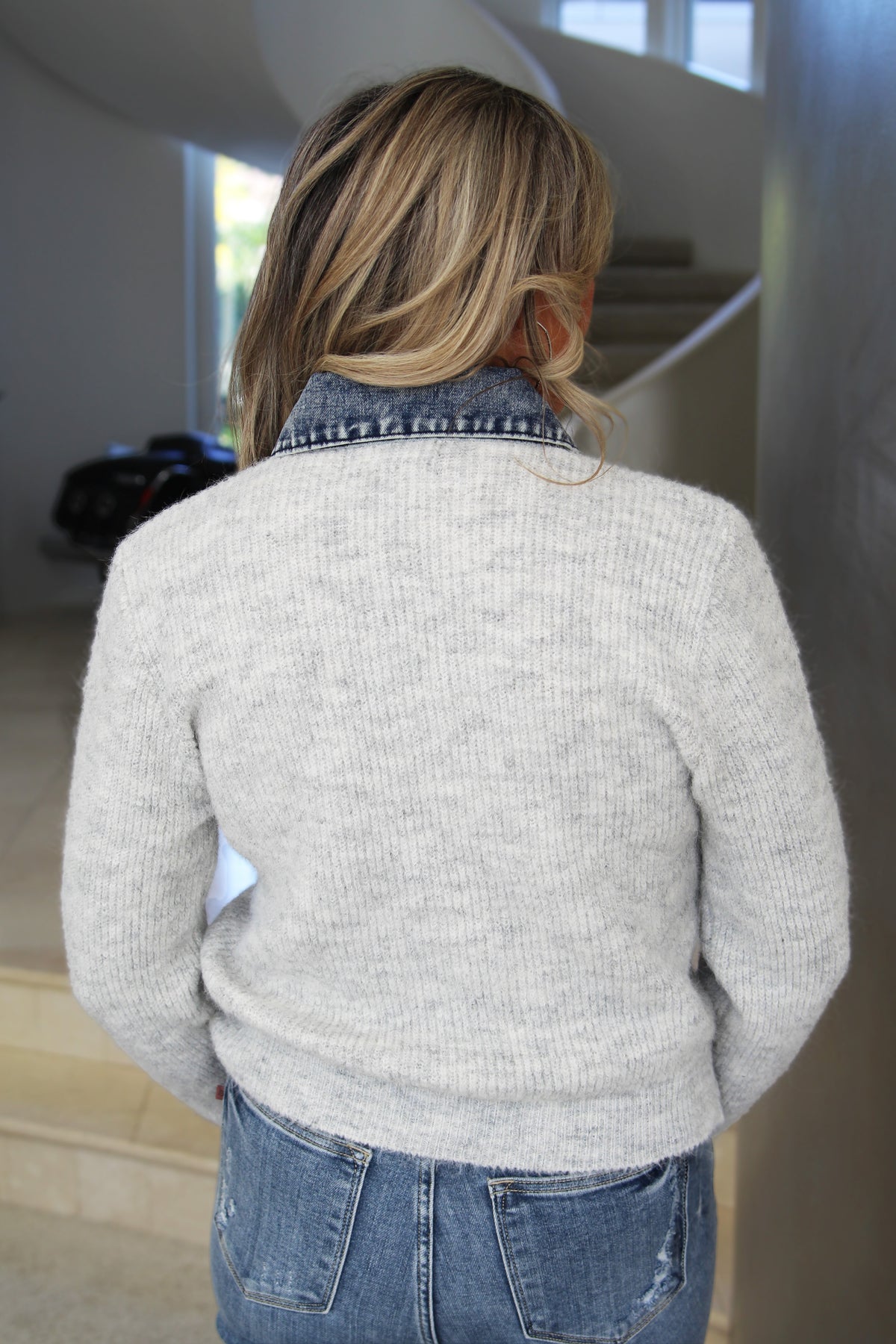 Ribbed Button Down Sweater w/ Denim Collar & Trim