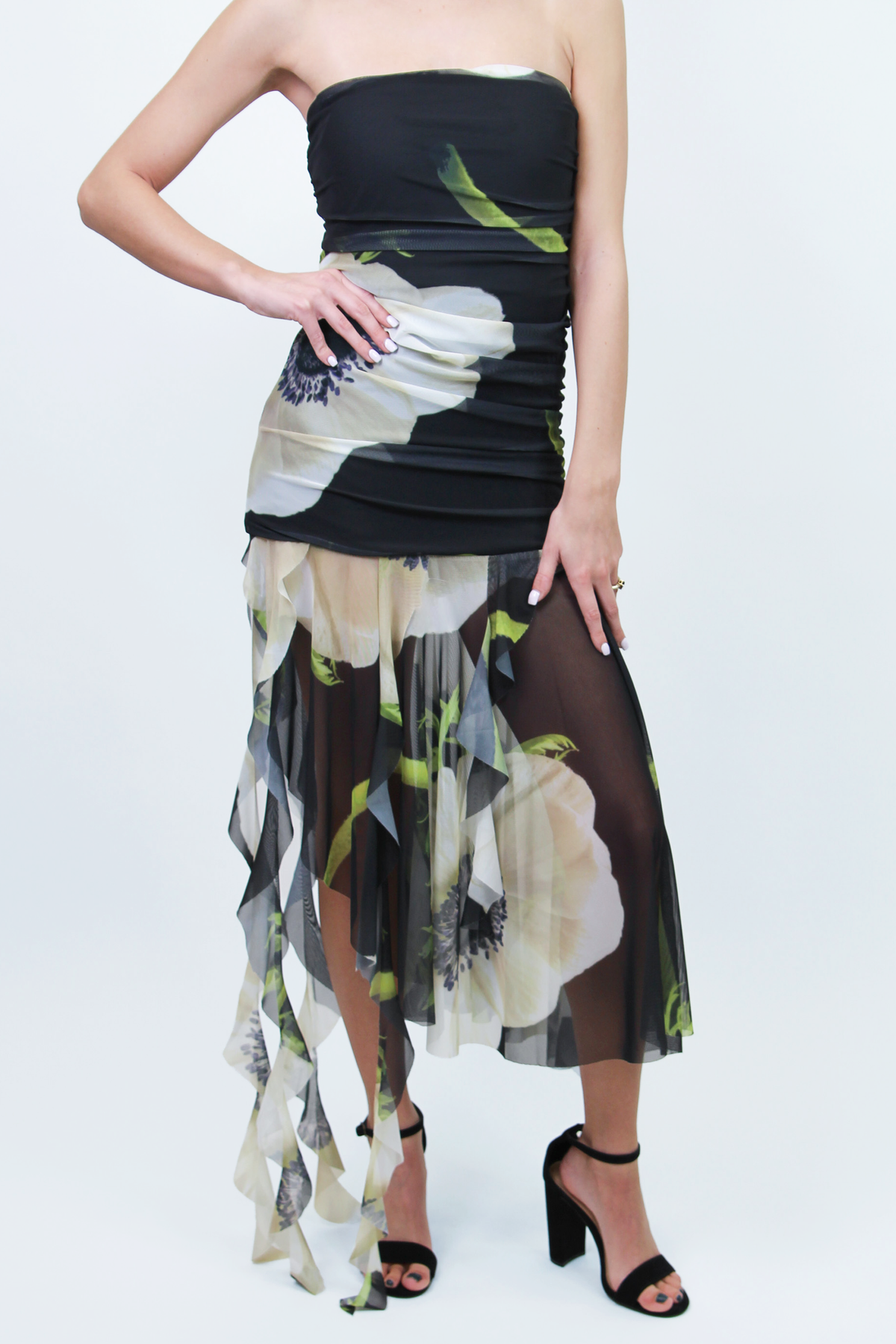 Floral Print Mesh Strapless Ruffle Maxi Dress (SALE)