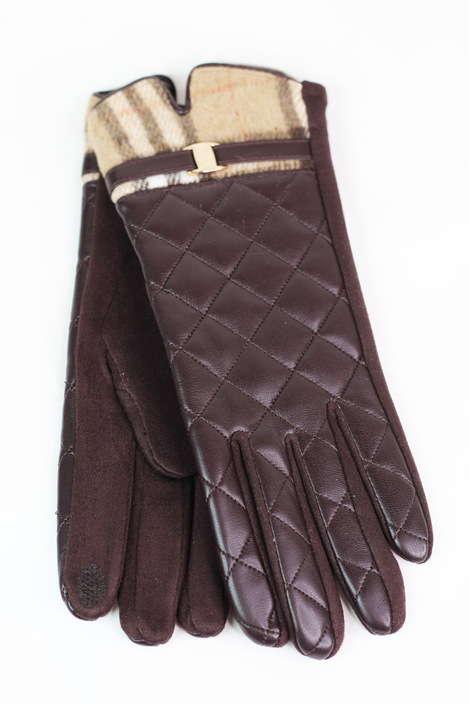 Quilted Faux Leather Gloves w/ Plaid Trim
