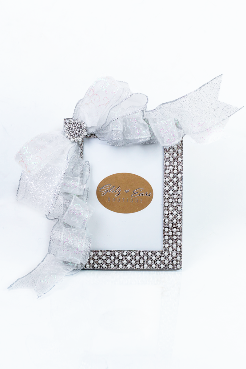 Pearl & Rhinestone Checkered Trim & Ribbon Embellished Picture Frame