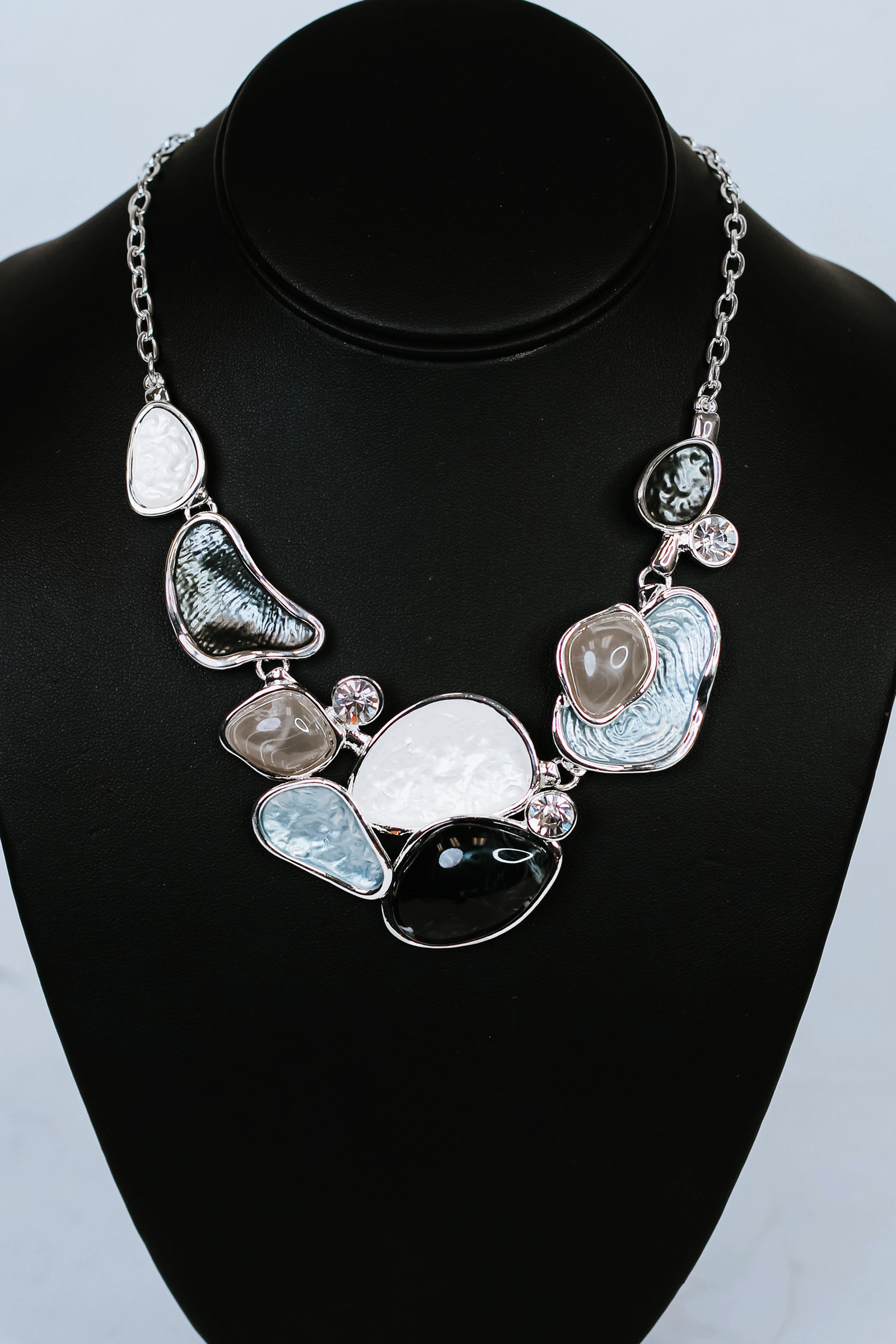 Abstract Shaped Stone & Metal Necklace w/ Rhinestone Accents