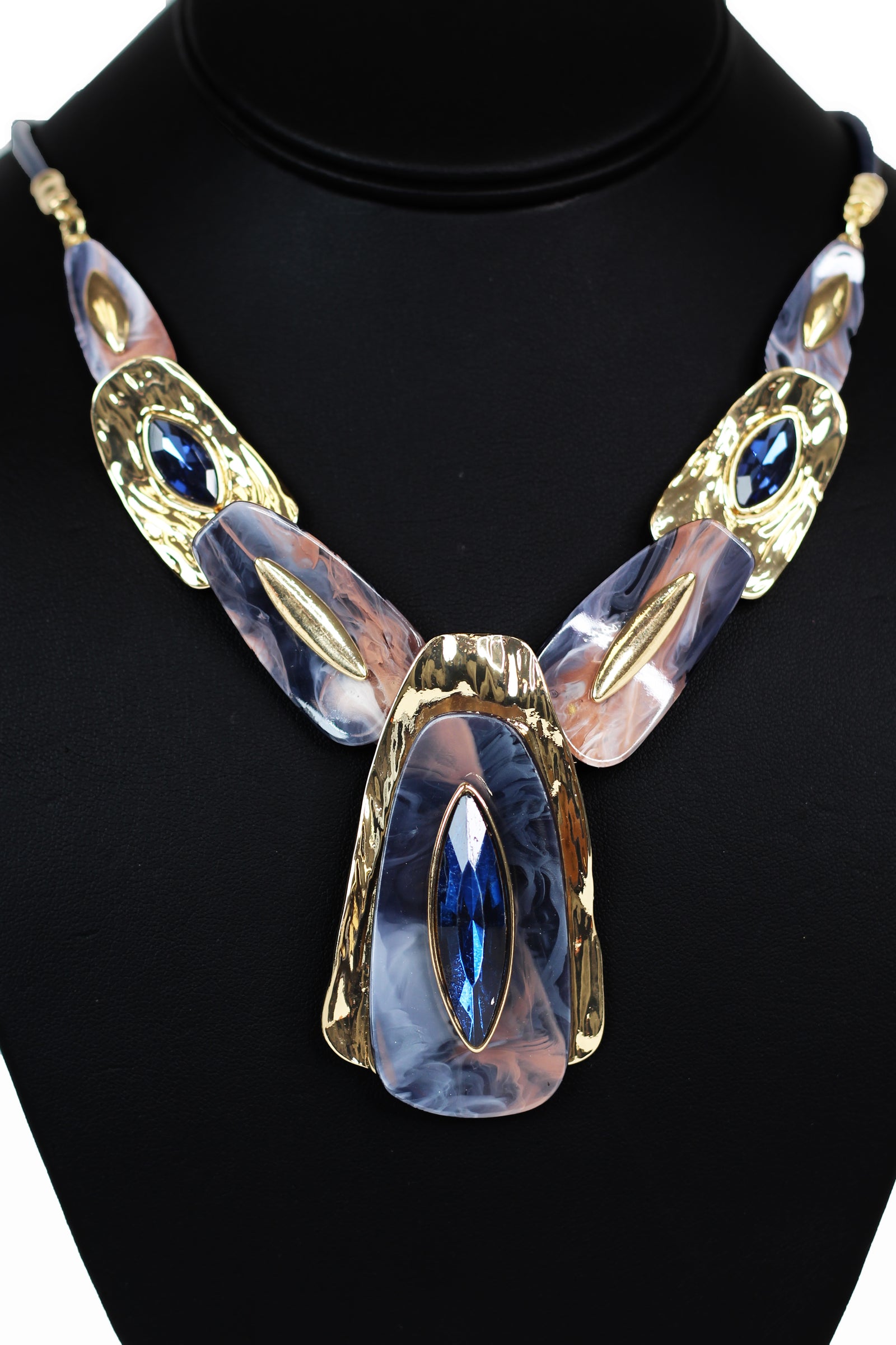 Metal & Epoxy Rectangles Statement Necklace w/ Gemstone Accents