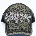 Rhinestone Floral Vine Leopard Print & Mesh Baseball Cap