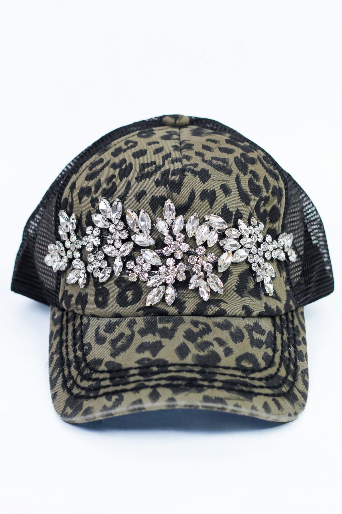 Rhinestone Floral Vine Leopard Print &amp; Mesh Baseball Cap
