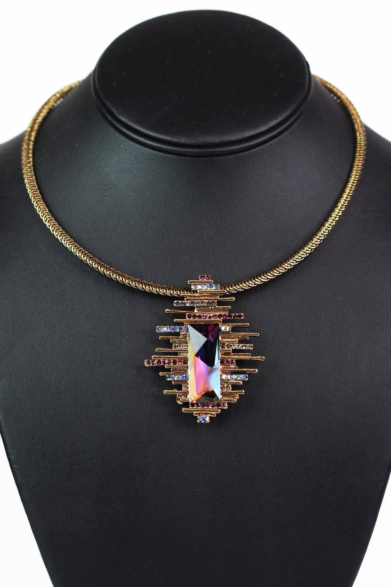 Multicolor Glass Rectangle, Rhinestones & Metal Lines Pendant Necklace