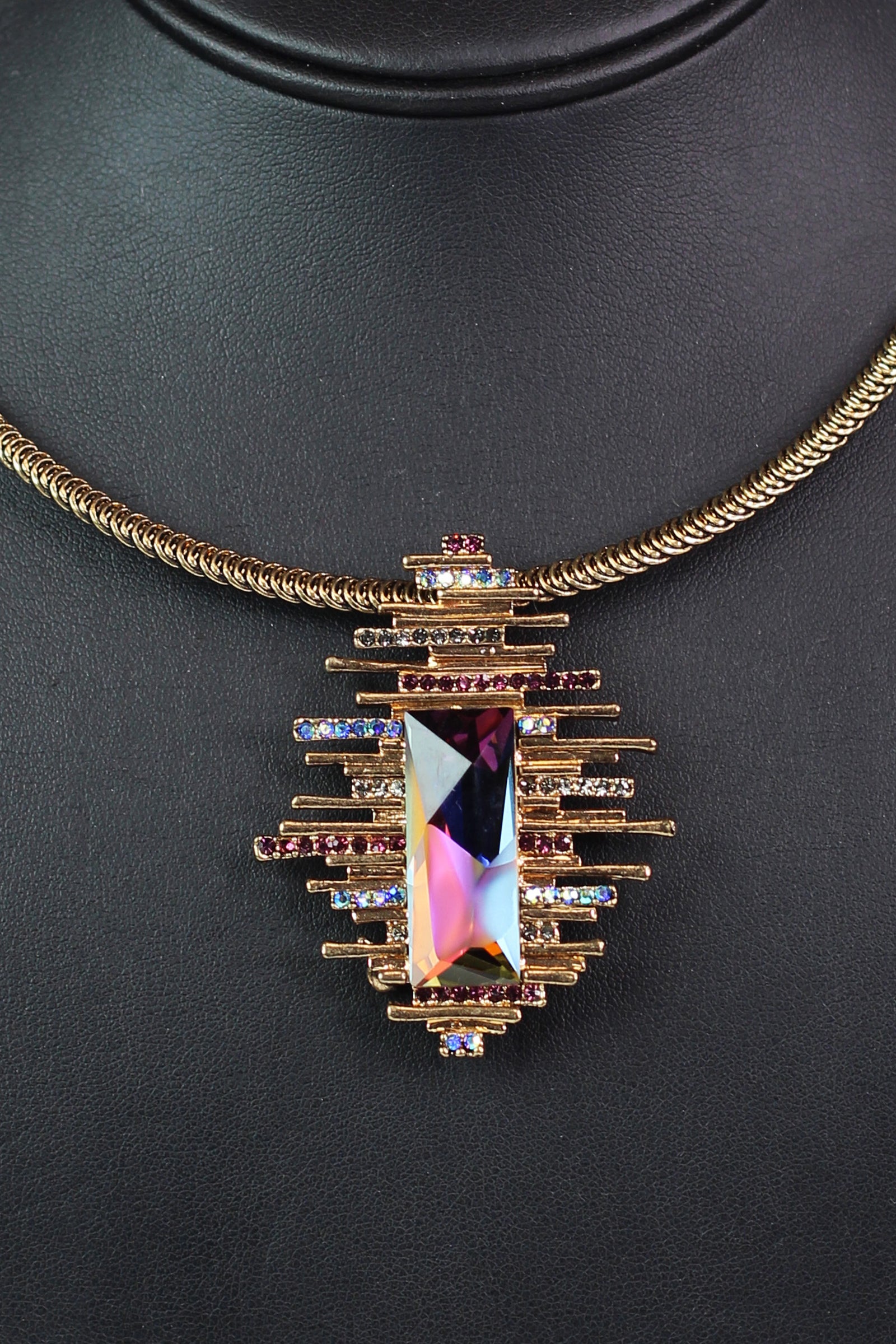 Multicolor Glass Rectangle, Rhinestones & Metal Lines Pendant Necklace