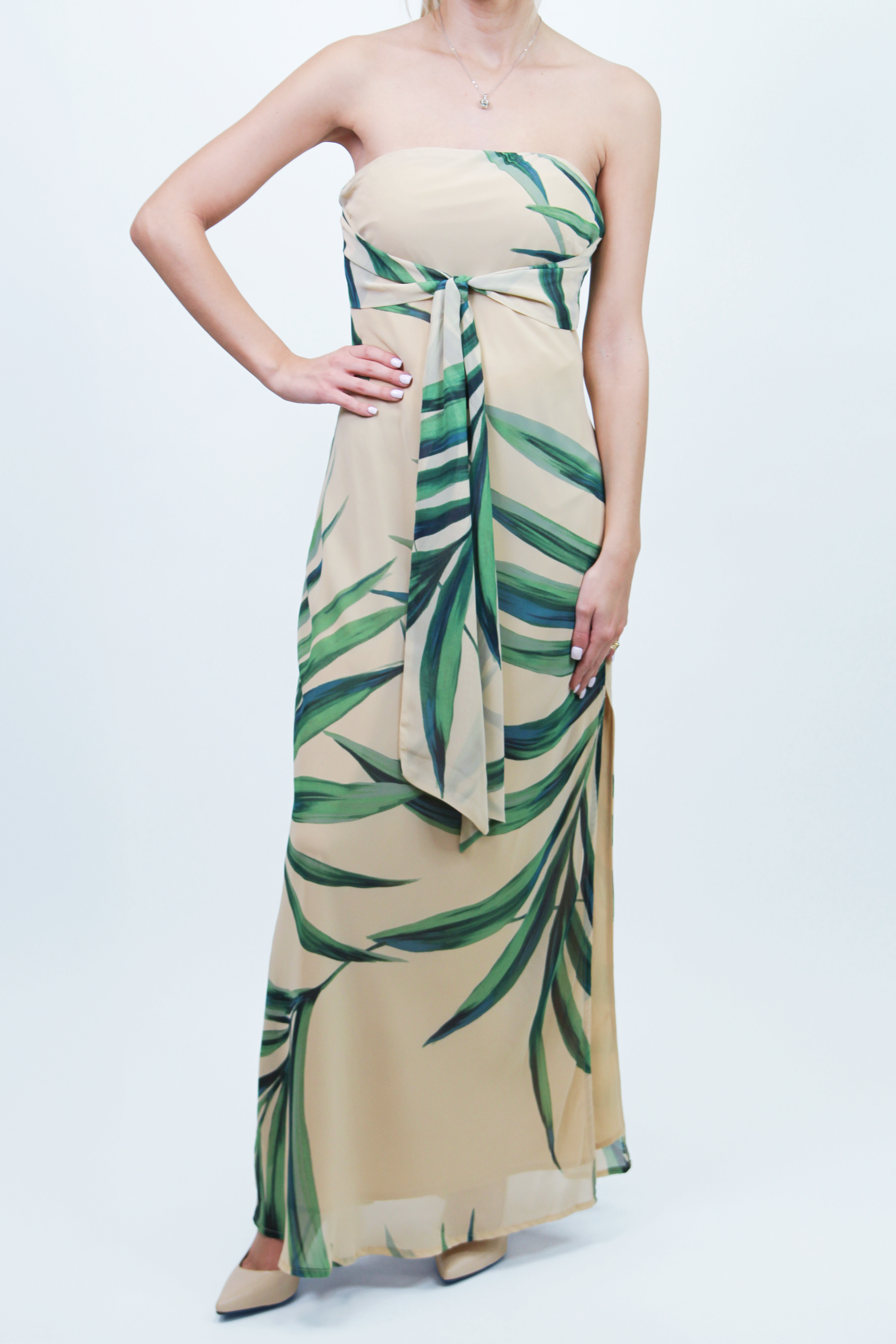 Strapless Tropical Print Maxi Dress w/ Tie Front and Side Slit (SALE)
