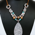 Leather & Bead Necklace w/ Hammered Metal Teardrop Pendant