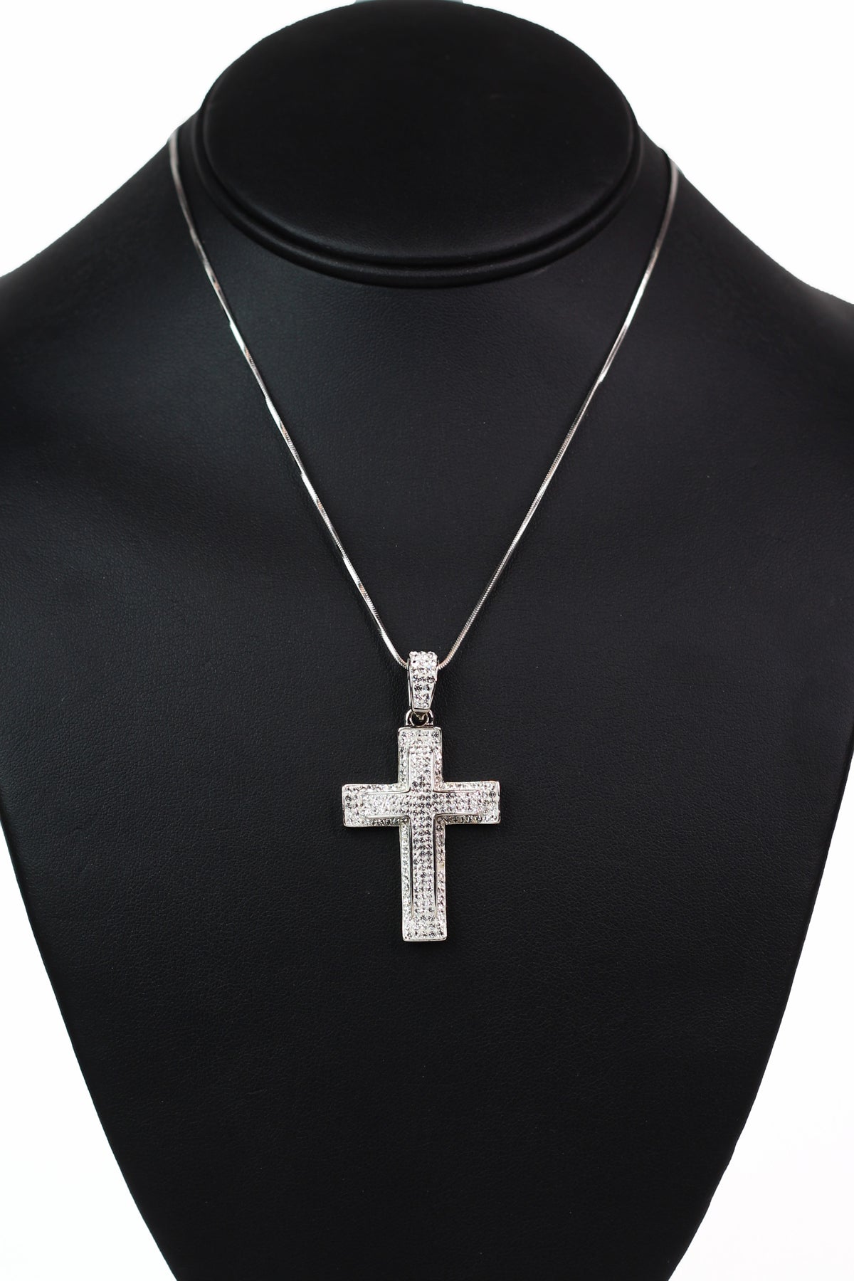 Flat Ends Raised Rhinestone Cross Necklace