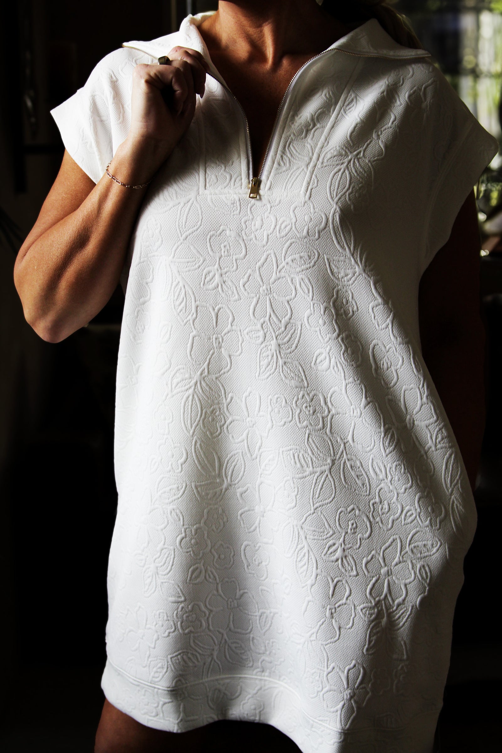 Floral Embossed Knit Quarter Zip Dress
