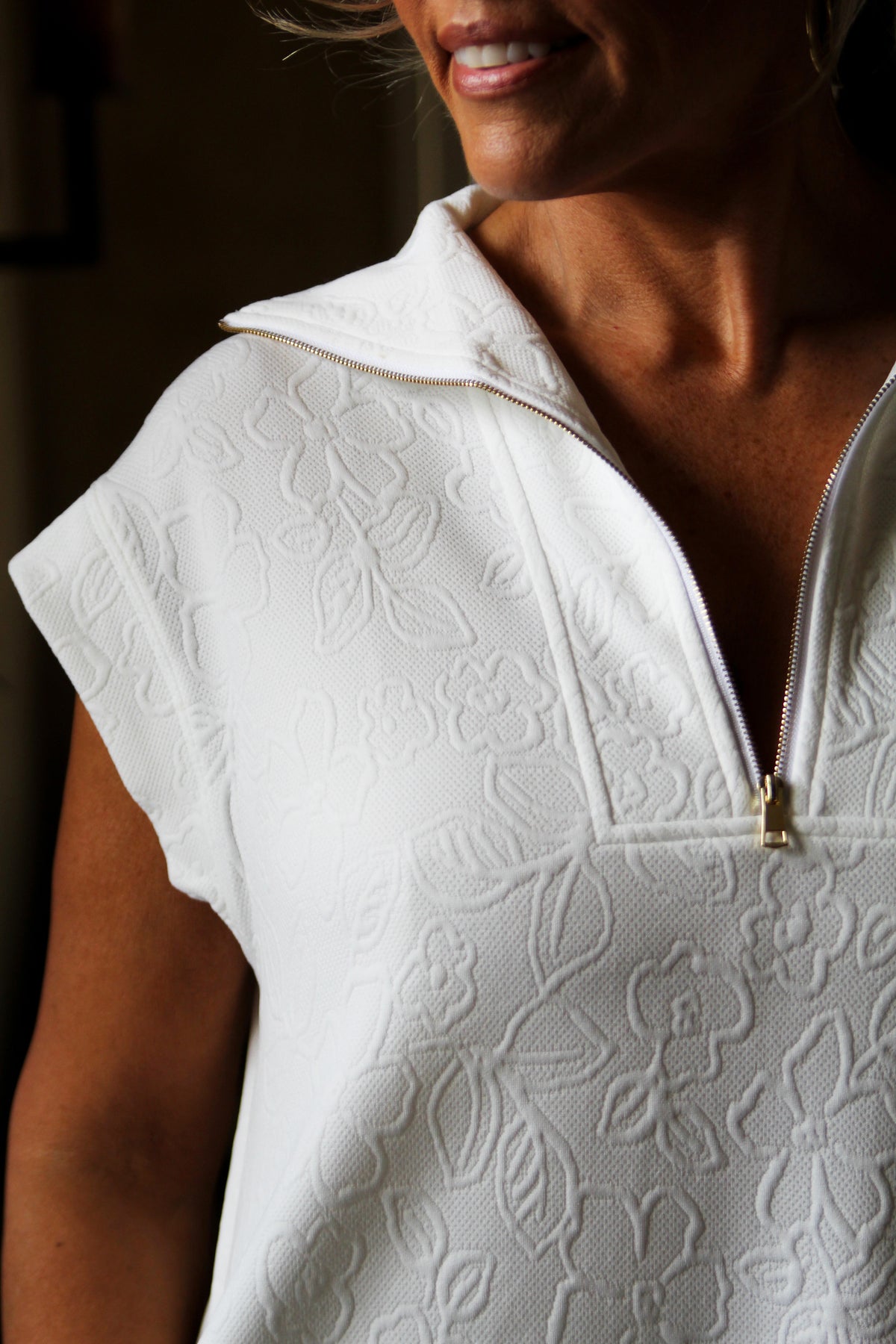 Floral Embossed Knit Quarter Zip Dress