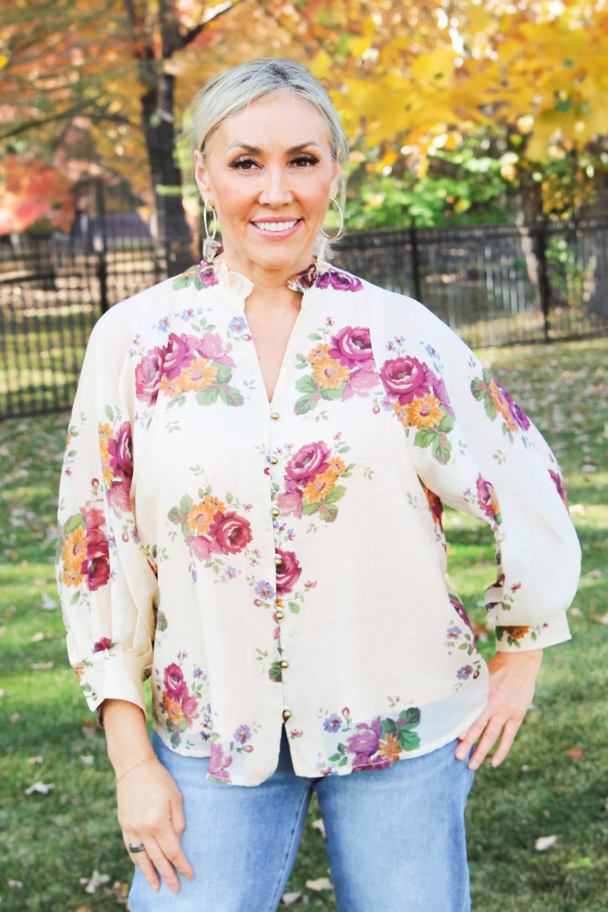 Semi Sheer Floral Print Button Down Top w/ Loose Sleeves