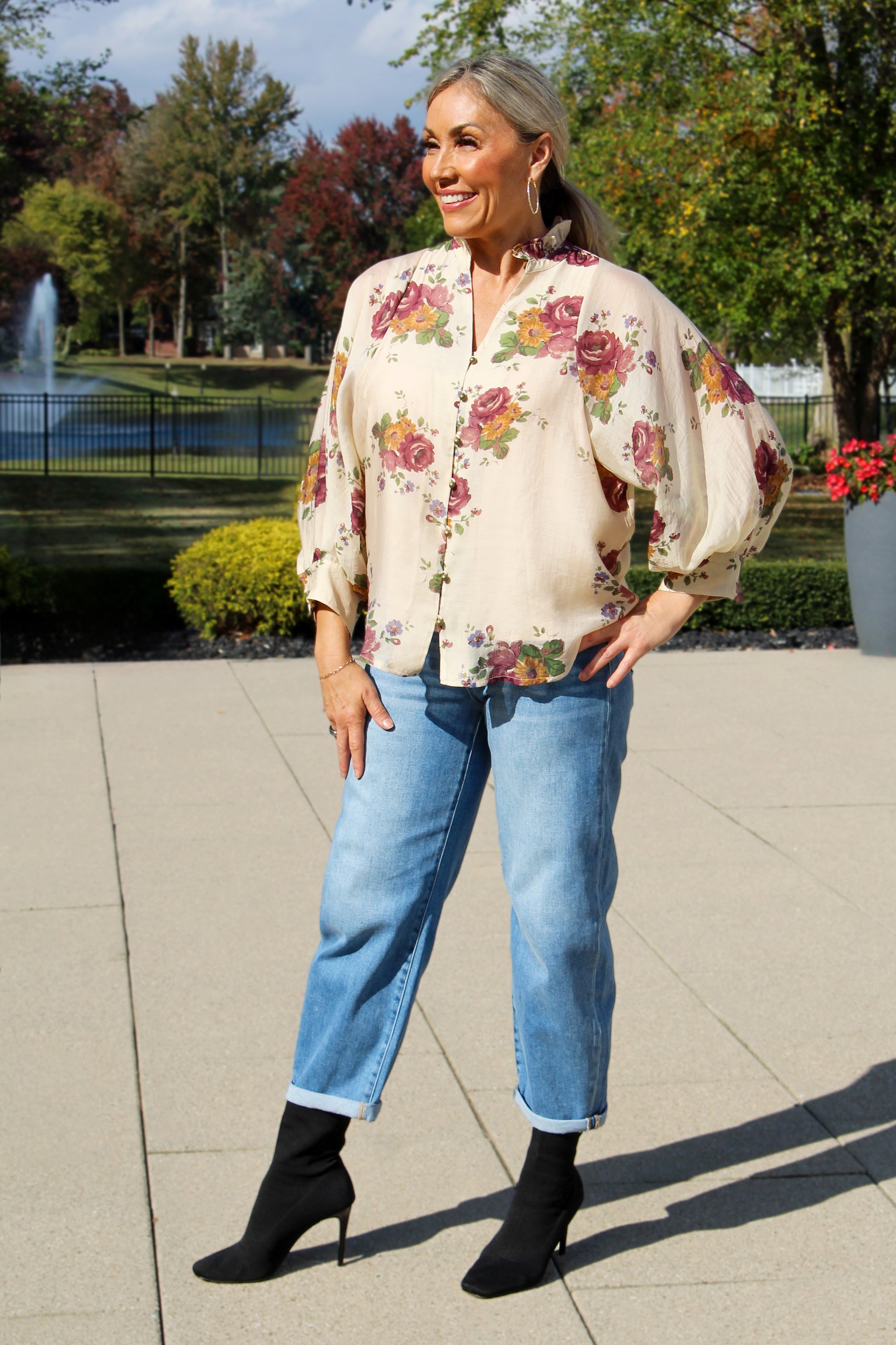 Semi Sheer Floral Print Button Down Top w/ Loose Sleeves