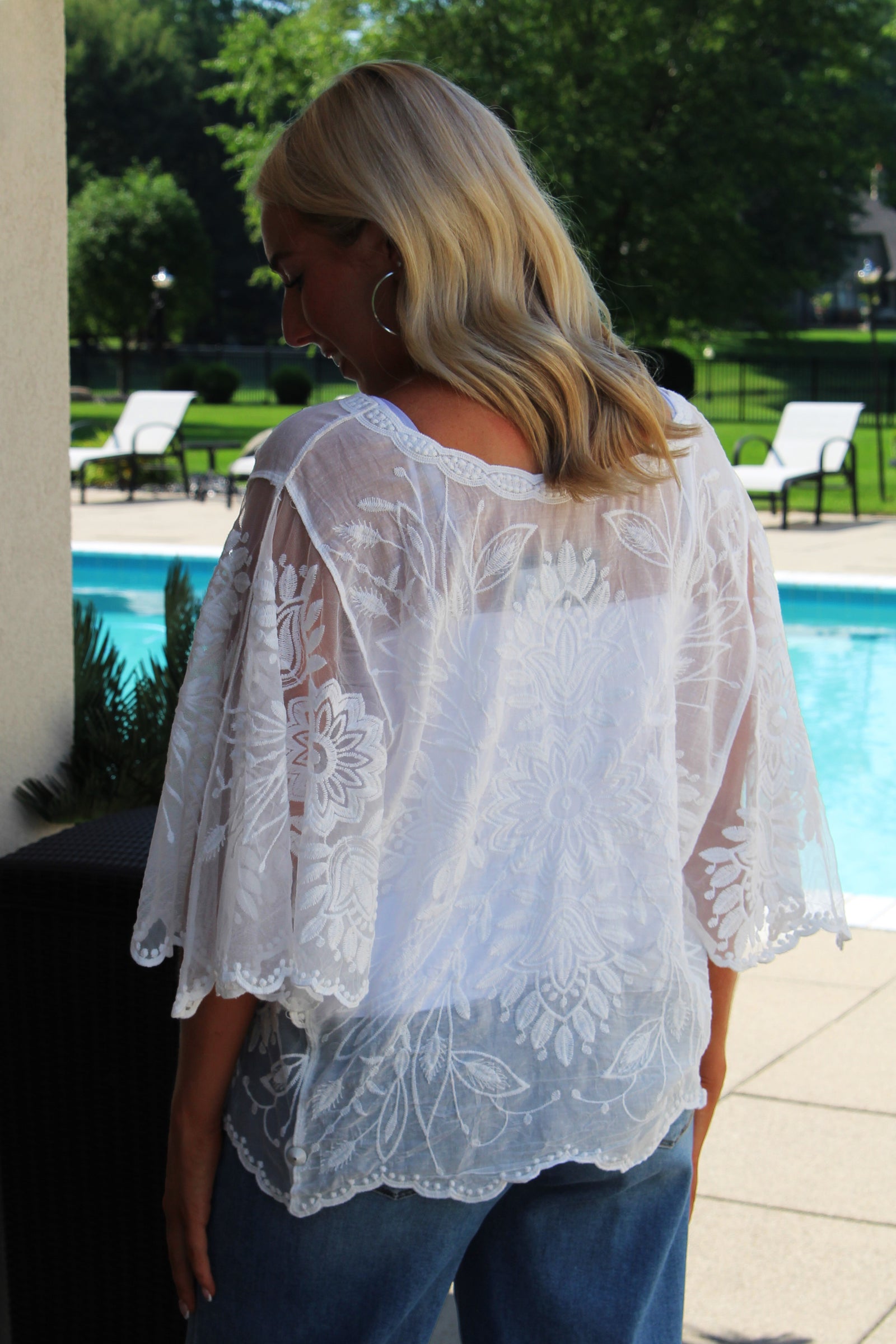 Semi Sheer Embroidered Top w/ Flounce Sleeves