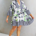 Floral & Gingham Print V-Neck Babydoll Dress