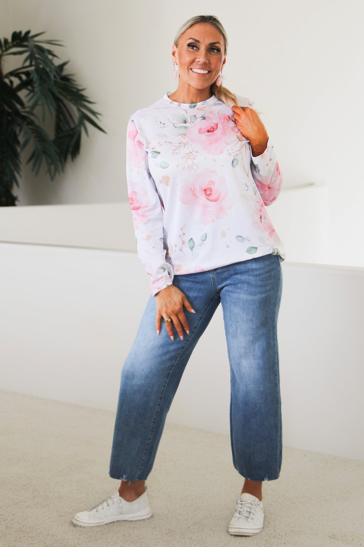 Floral Print Textured Long Sleeve T-Shirt