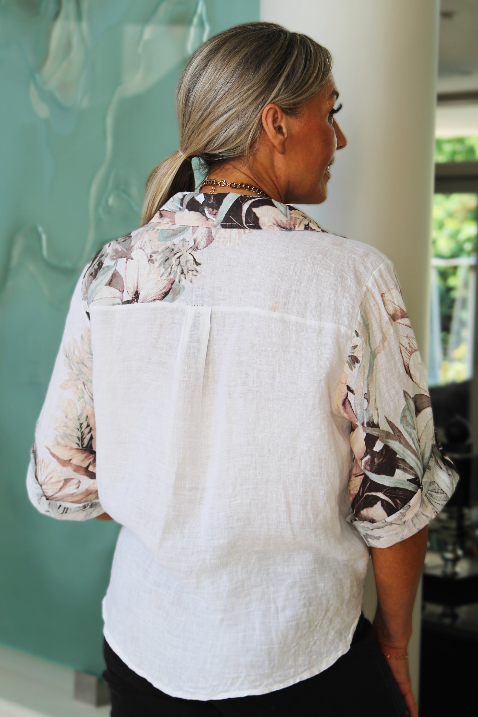 Floral Print Linen Button Tie Top