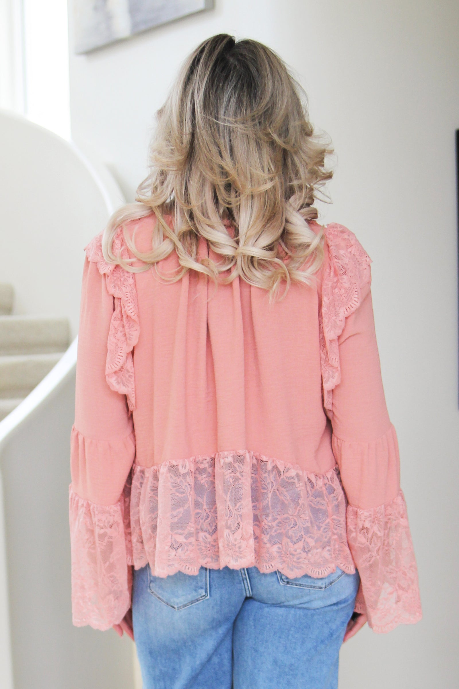 Open Front Double Tie Belled Sleeves Sequin Lace Trim Neckline Top