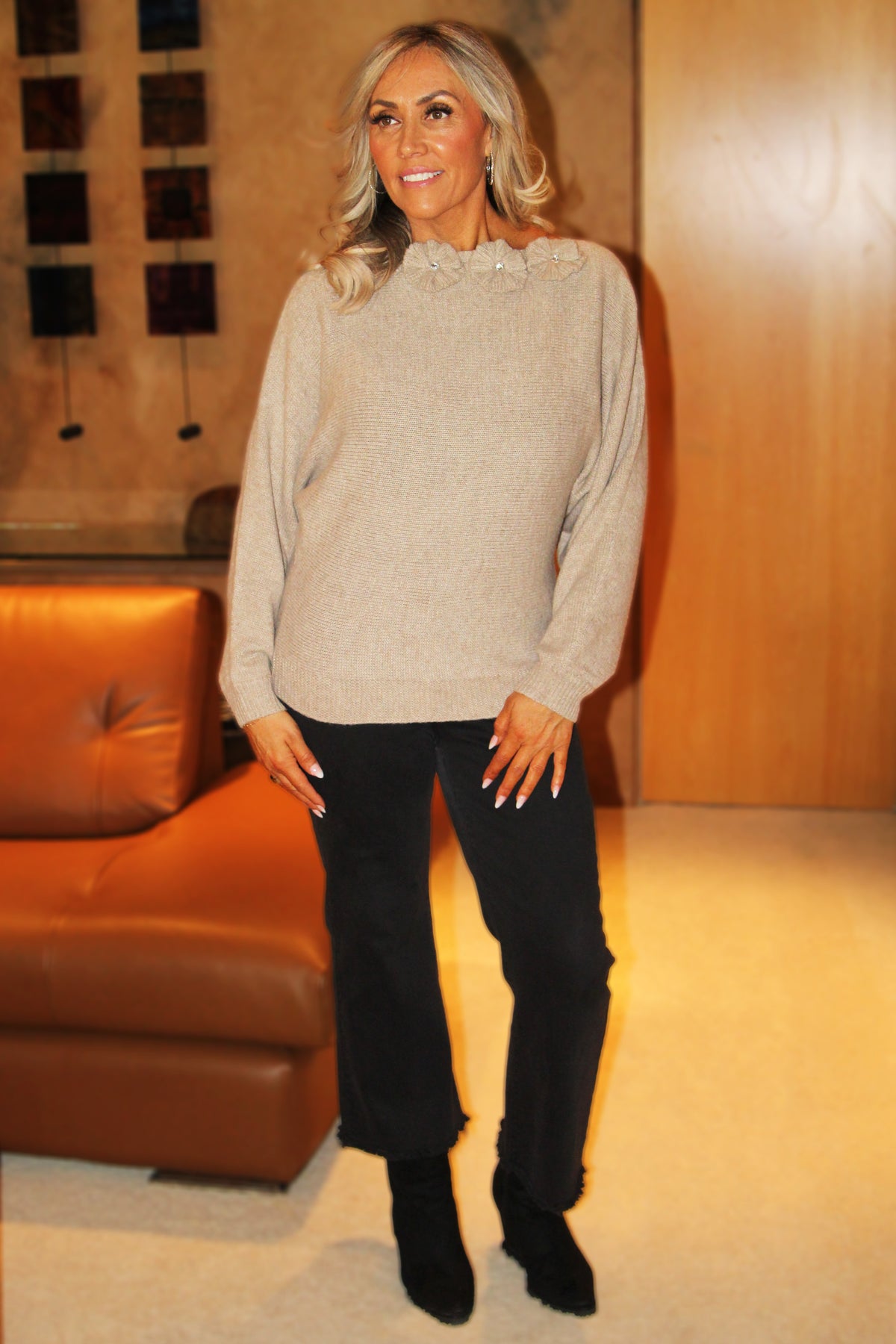 Sideways Knit Sweater w/ Floral & Rhinestone Motifs
