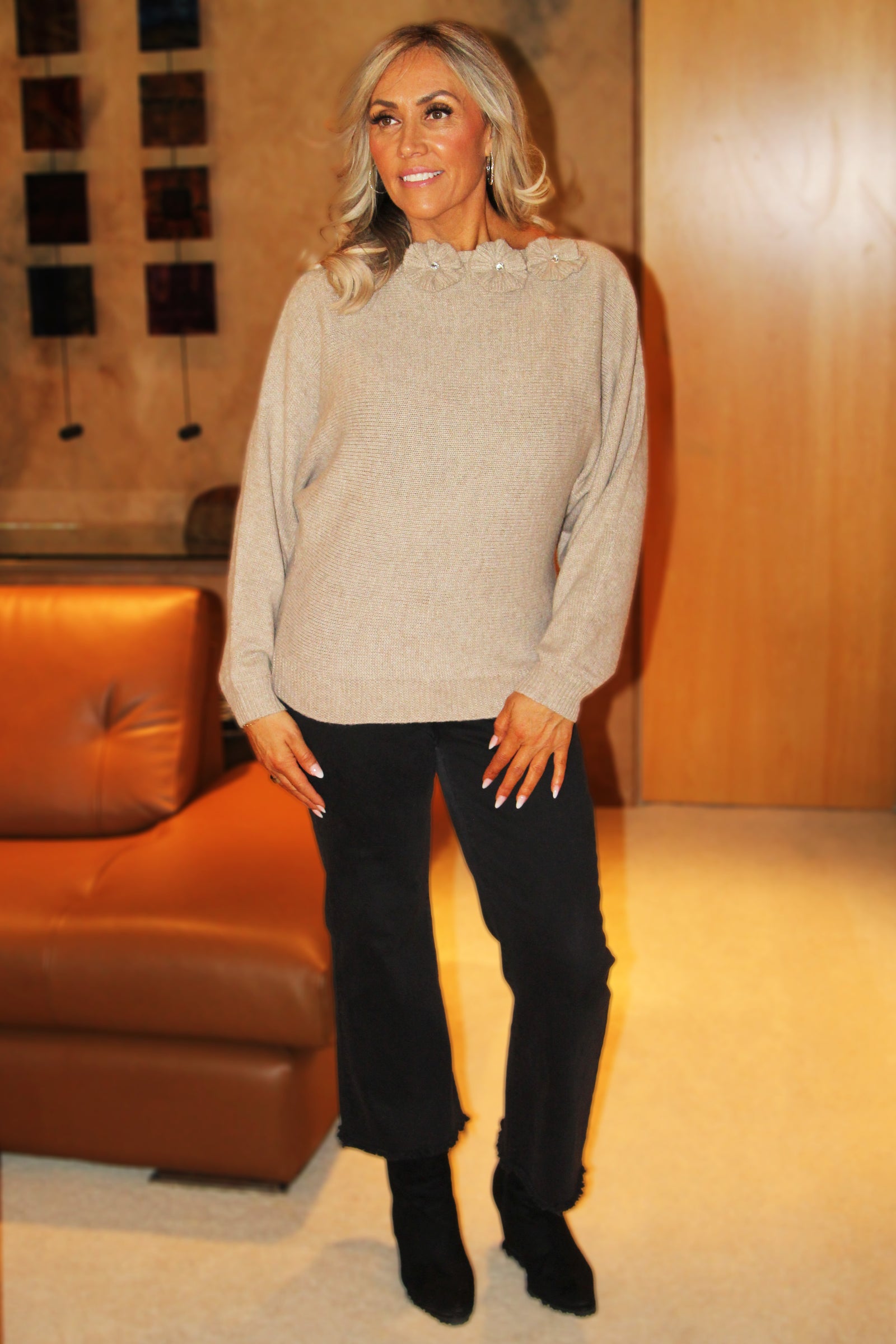 Sideways Knit Sweater w/ Floral & Rhinestone Motifs