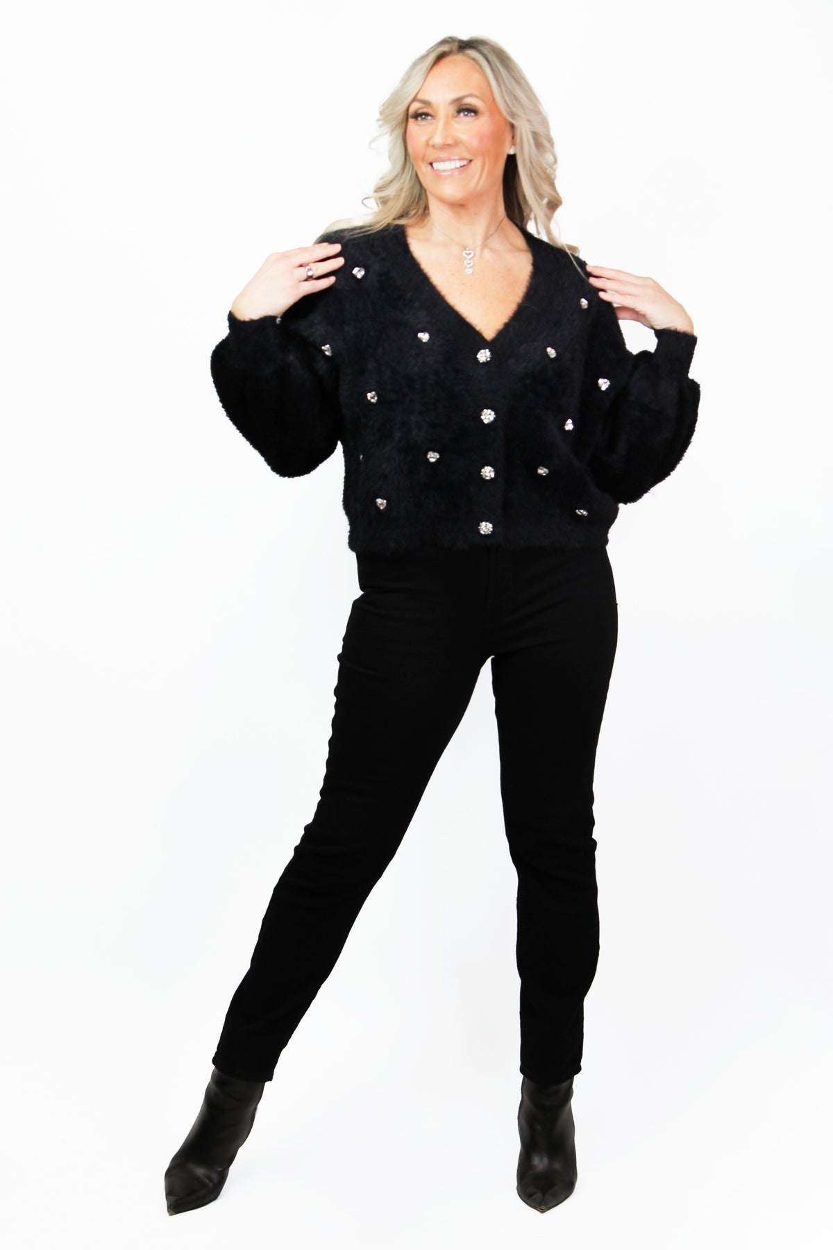 Furry Sweater Knit Cardigan w/ Rhinestone Heart Accents