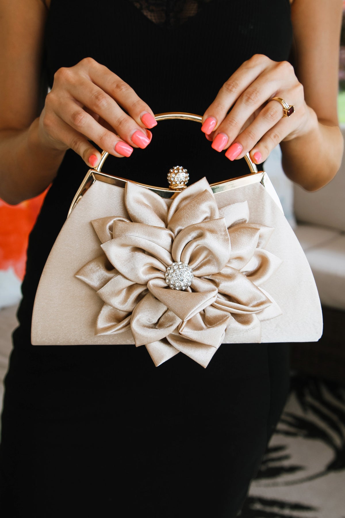 Satin Evening Bag w/ Large Satin Flower & Rhinestone Accents