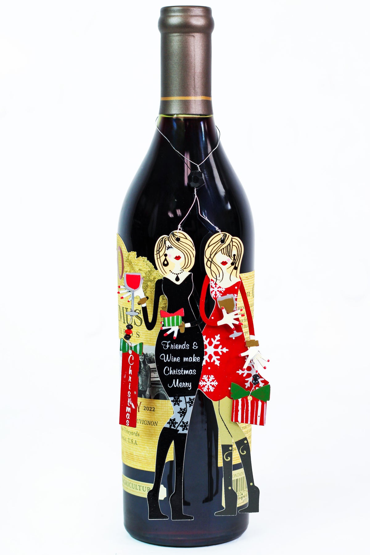 &quot;Friends &amp; Wine&quot; Christmas Wine Charm &amp; Magnet