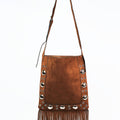 Faux Suede Handbag w/ Stud & Fringe Accents