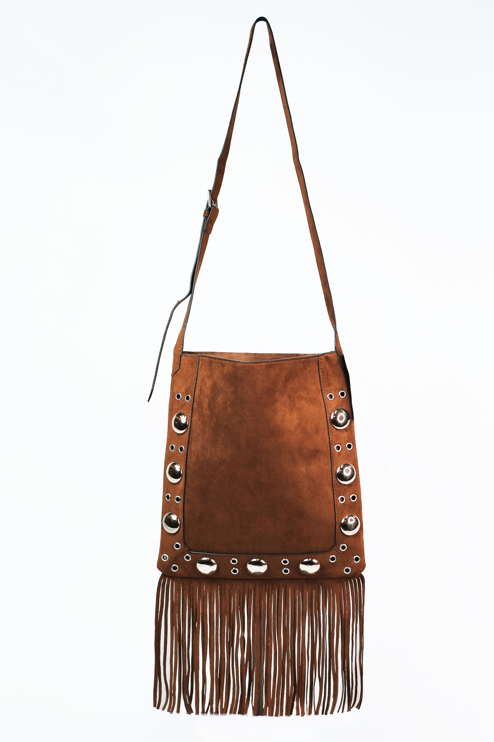 Faux Suede Handbag w/ Stud & Fringe Accents