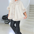 Metallic Accent Vegan Fur Trim Suede Cape