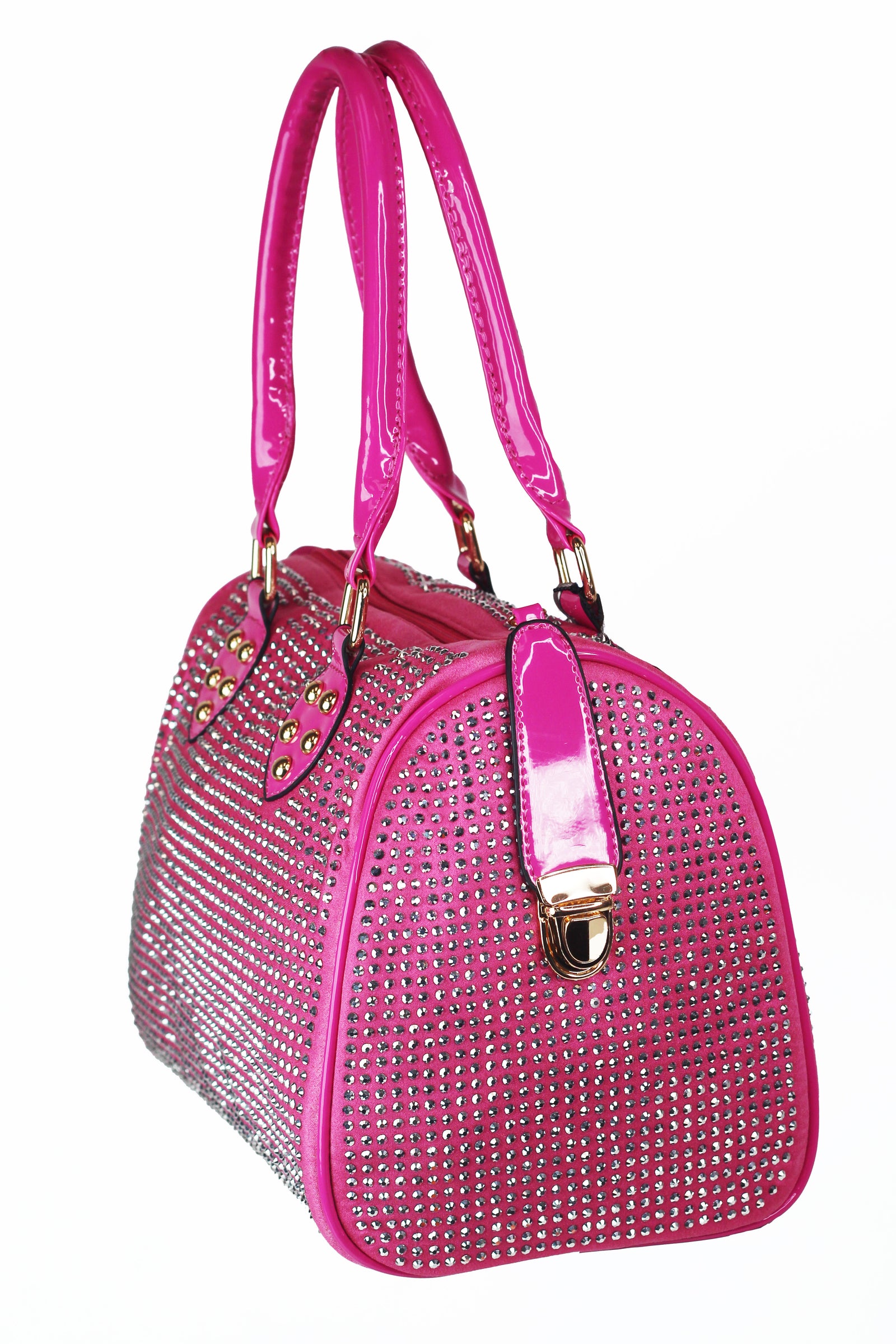 All Over Rhinestone Duffle Purse w/ Faux Patent Leather Accents