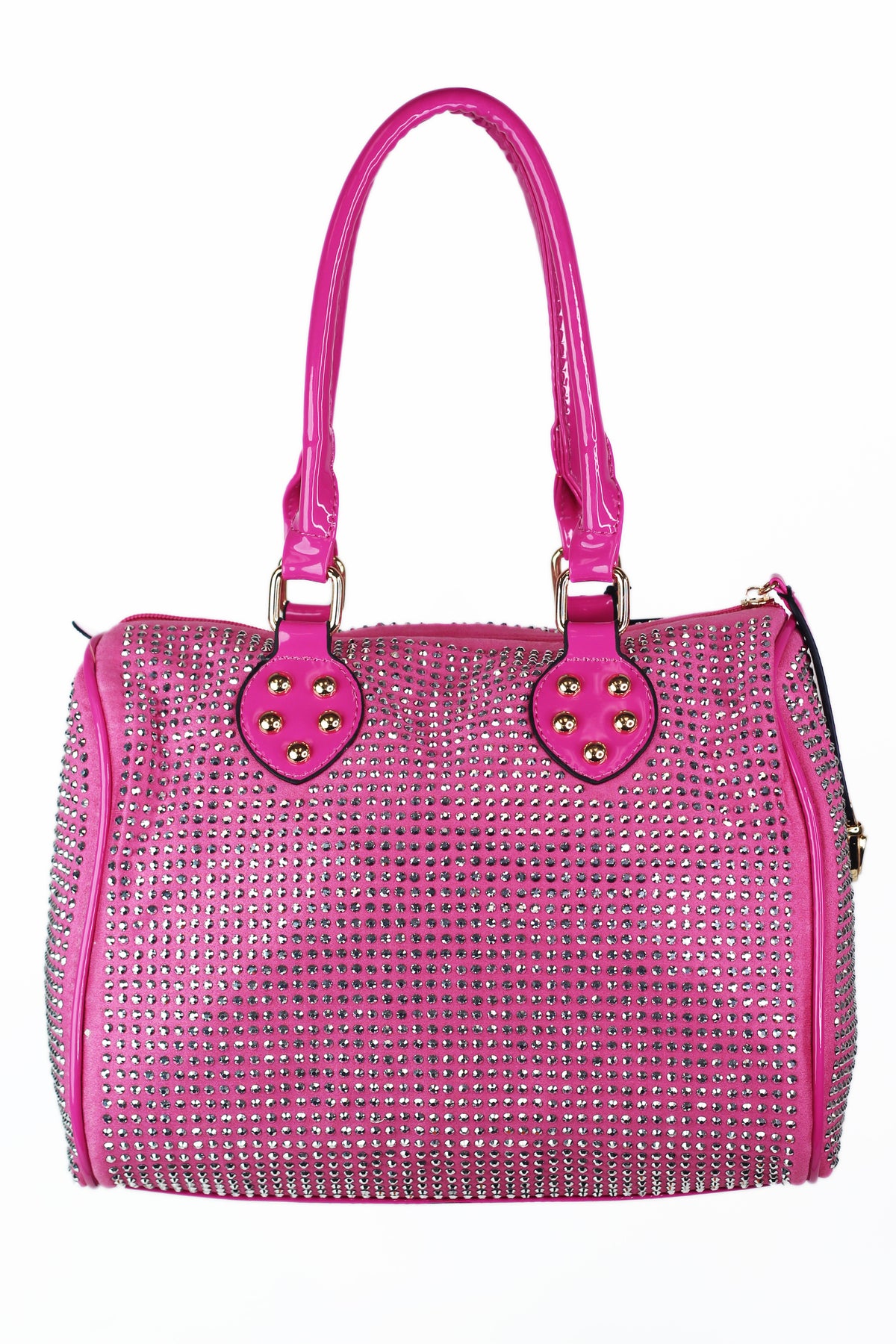All Over Rhinestone Duffle Purse w/ Faux Patent Leather Accents