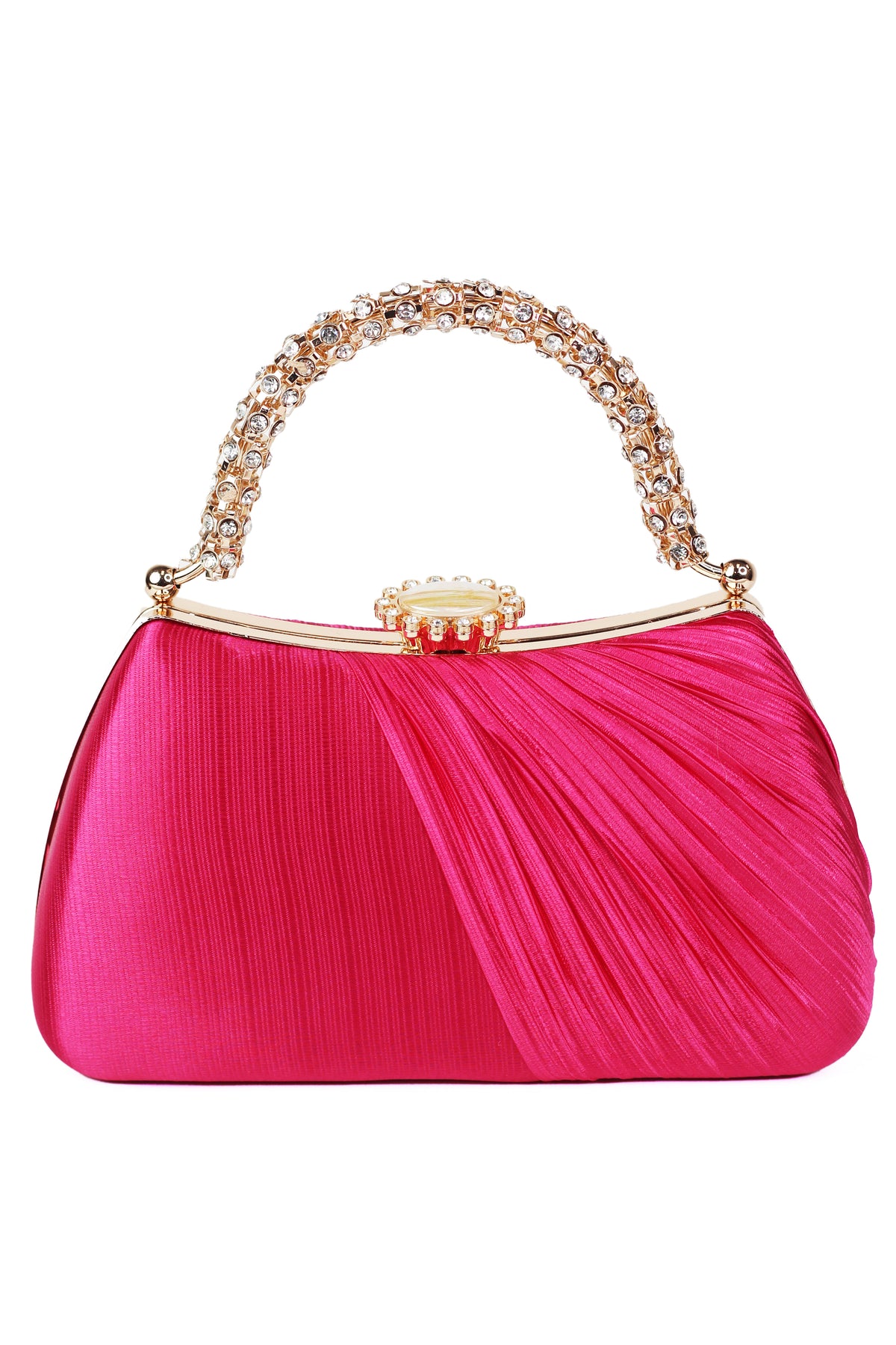 Pleated Satin Clutch w/ Rhinestone Handle &amp; Closure