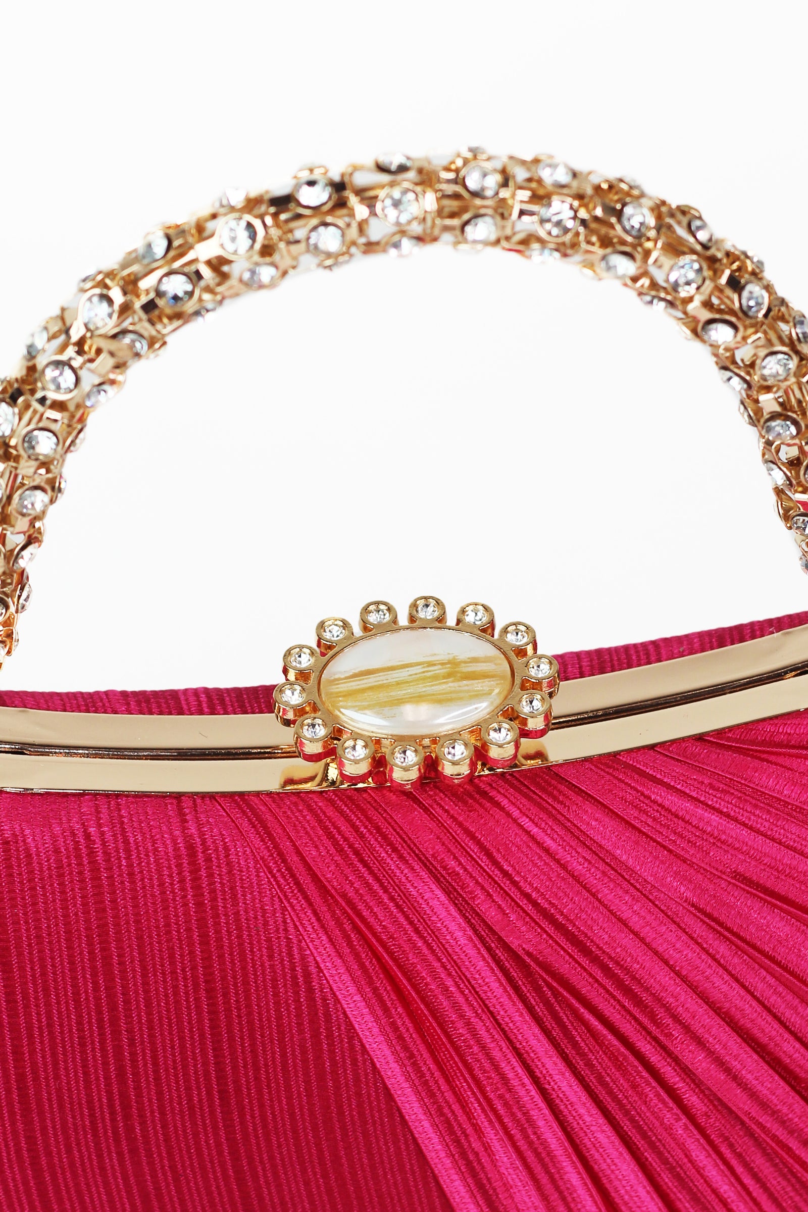 Pleated Satin Clutch w/ Rhinestone Handle & Closure