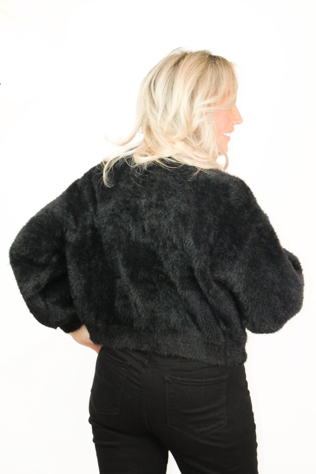 Furry Sweater Knit Cardigan w/ Rhinestone Heart Accents